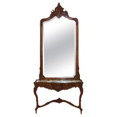 Antique French Rococo in stile noce intagliato e console a specchio in marmo, 1880 ca.