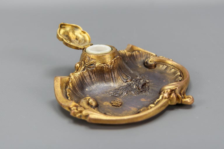 Antique French Rococo Style Gilt Pewter and Porcelain Inkwell Signed ...