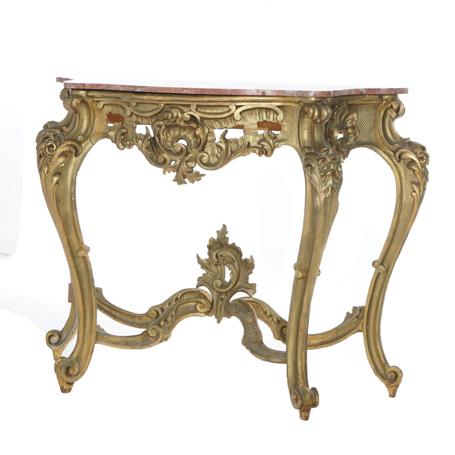 Antique French Rococo Style Giltwood & Marble Top Console Table C1890 For Sale 5
