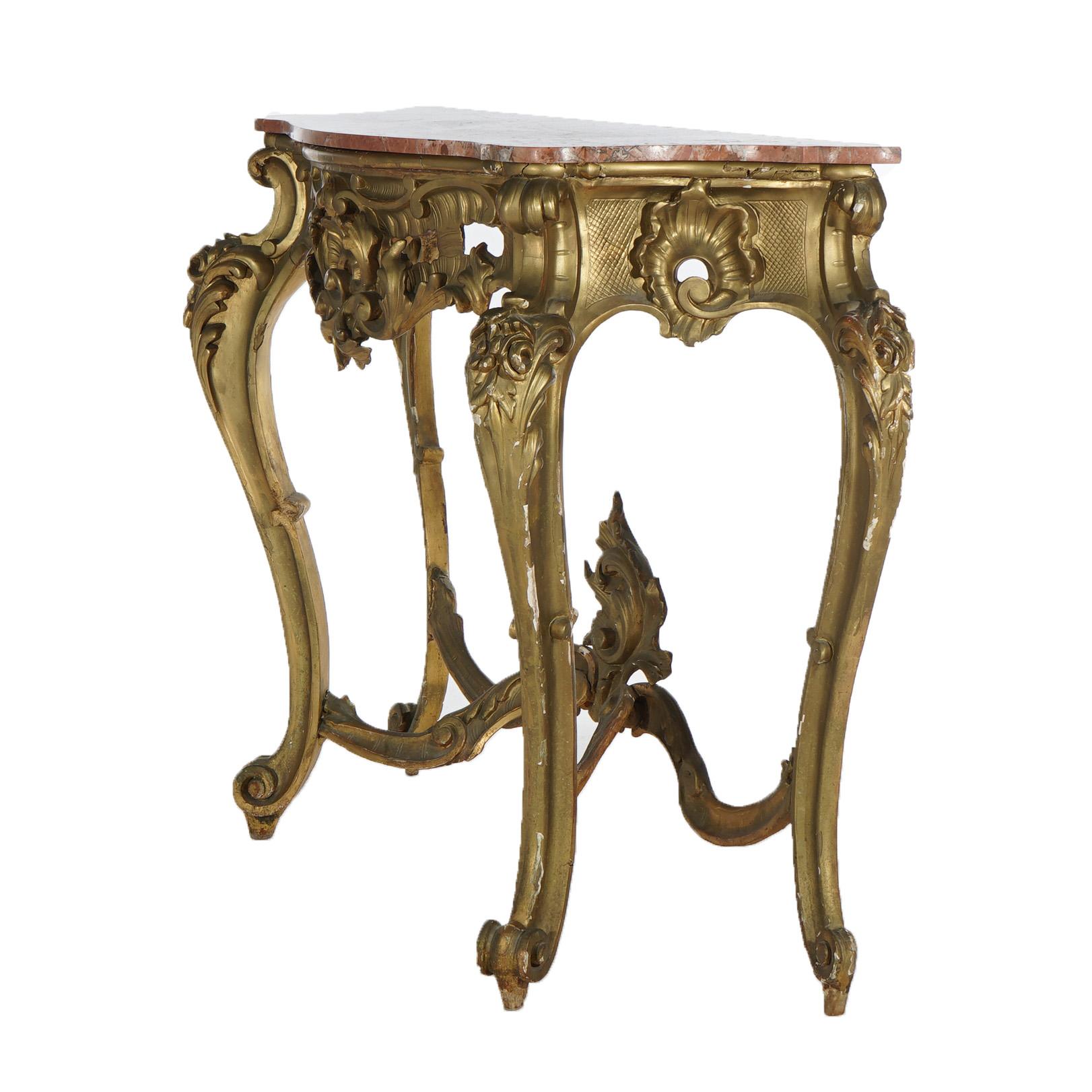 Antique French Rococo Style Giltwood & Marble Top Console Table C1890 For Sale 6