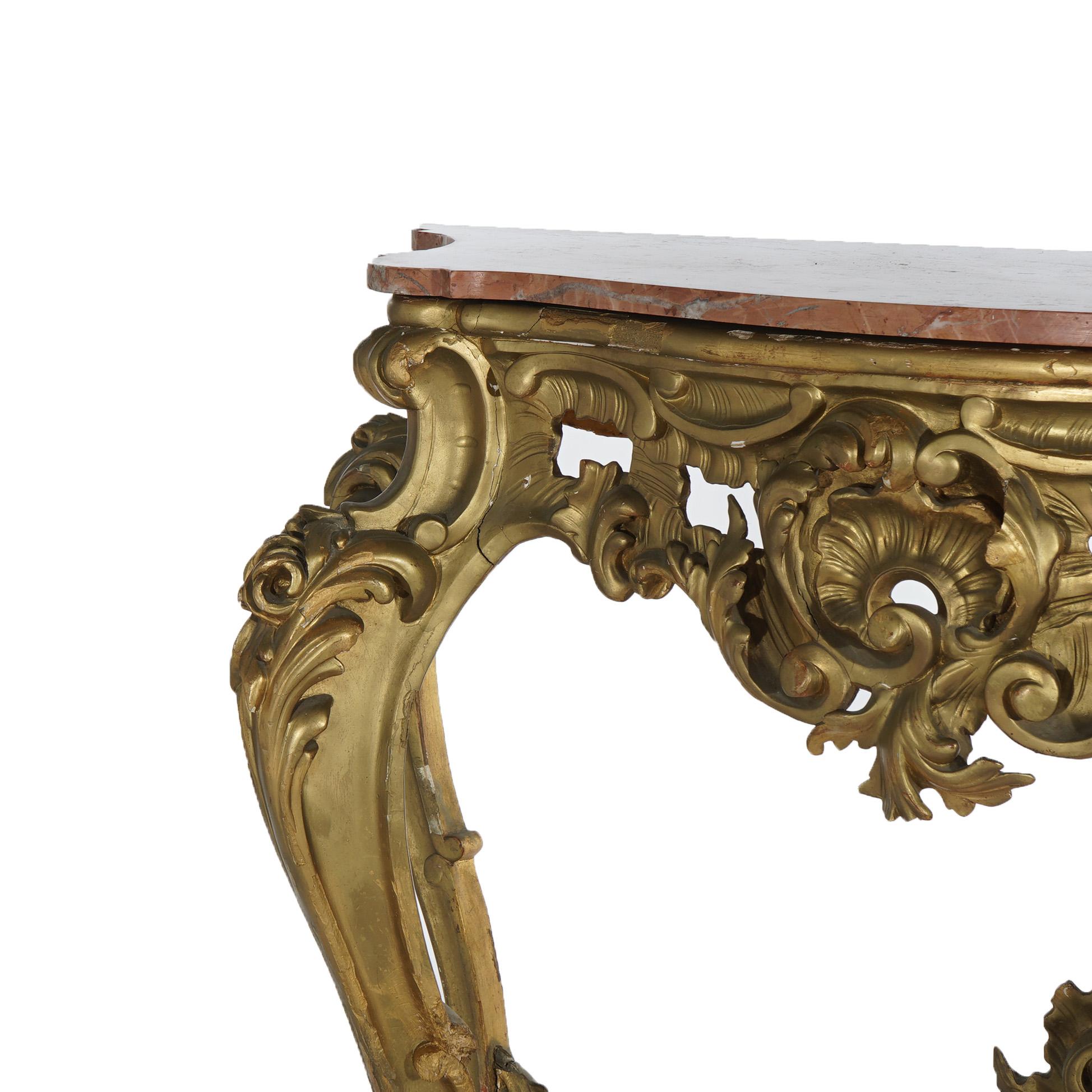 ***Ask About Reduced In-House Delivery Rates - Reliable Professional Service & Fully Insured***

Antique French Rococo Style Giltwood & Marble Top Console Table with Shaped Top, Foliate & Floral Elements, Raised on Cabriole Legs with Asymmetric