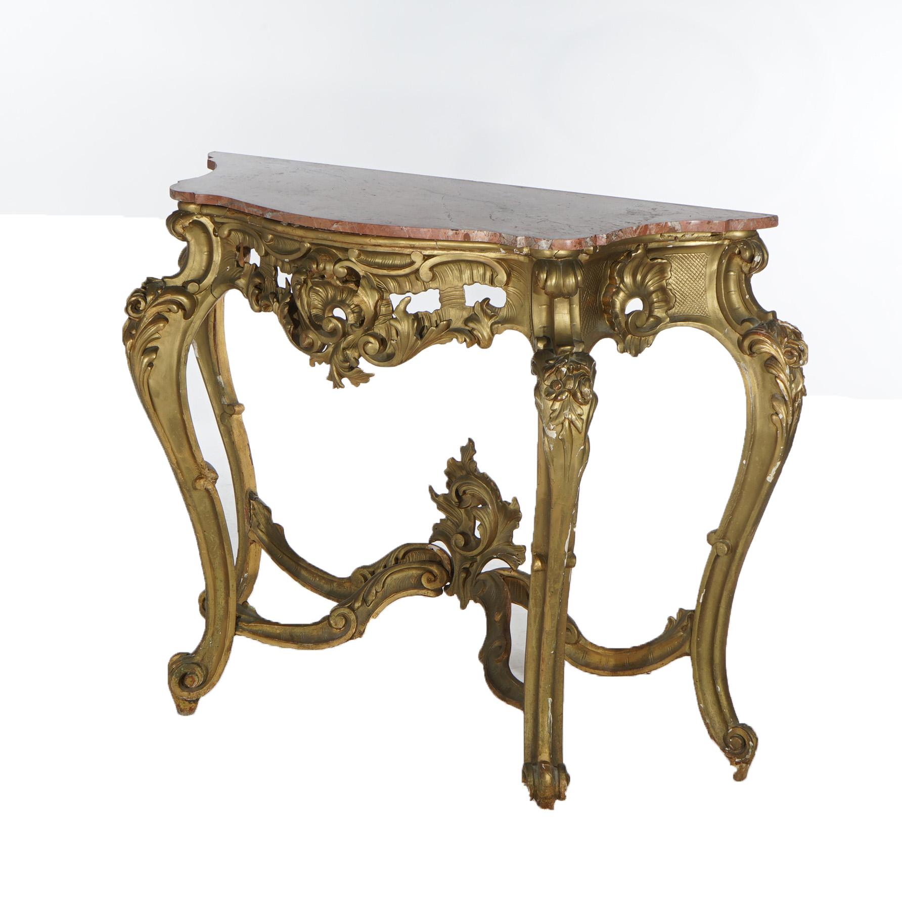 Antique French Rococo Style Giltwood & Marble Top Console Table C1890 In Good Condition For Sale In Big Flats, NY