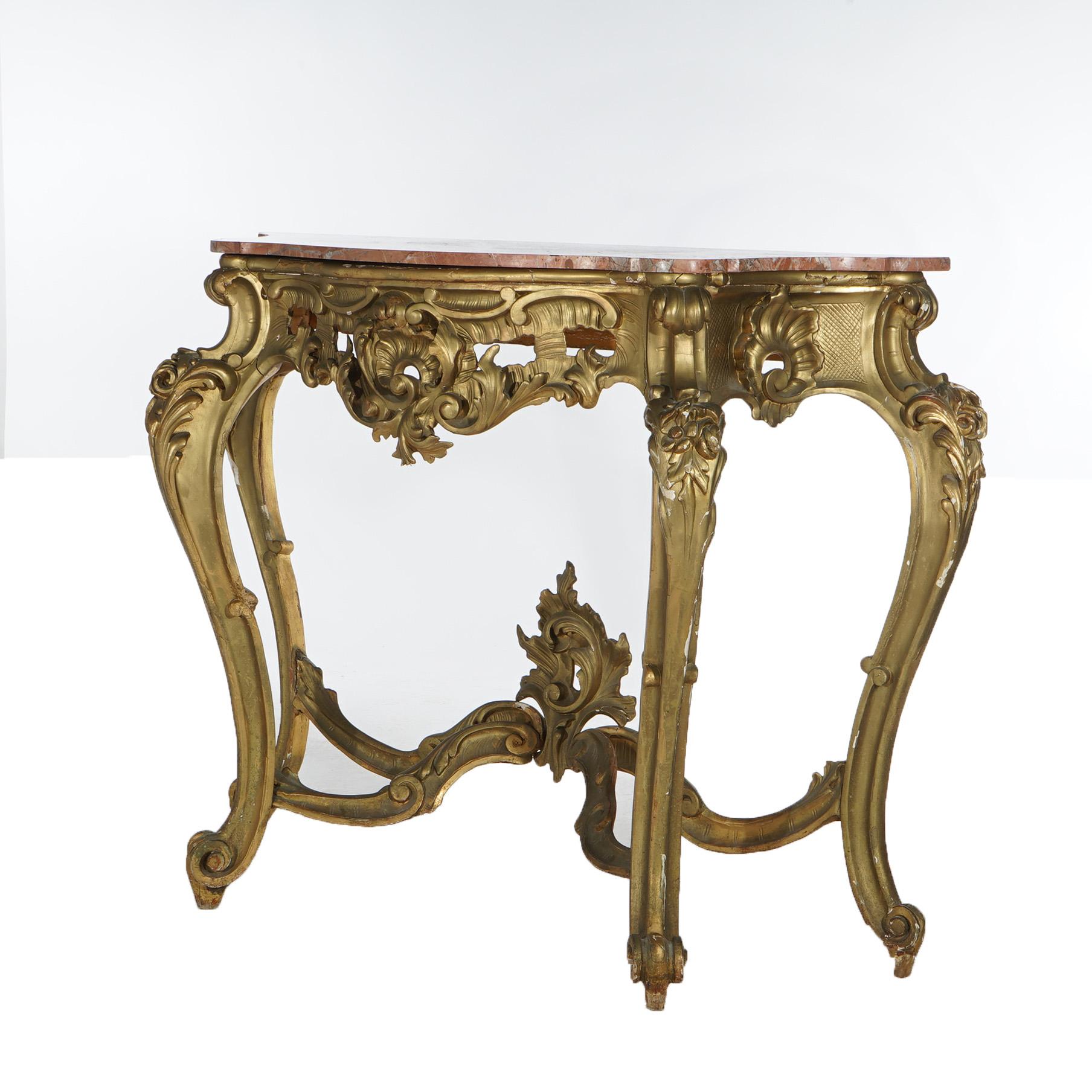19th Century Antique French Rococo Style Giltwood & Marble Top Console Table C1890 For Sale