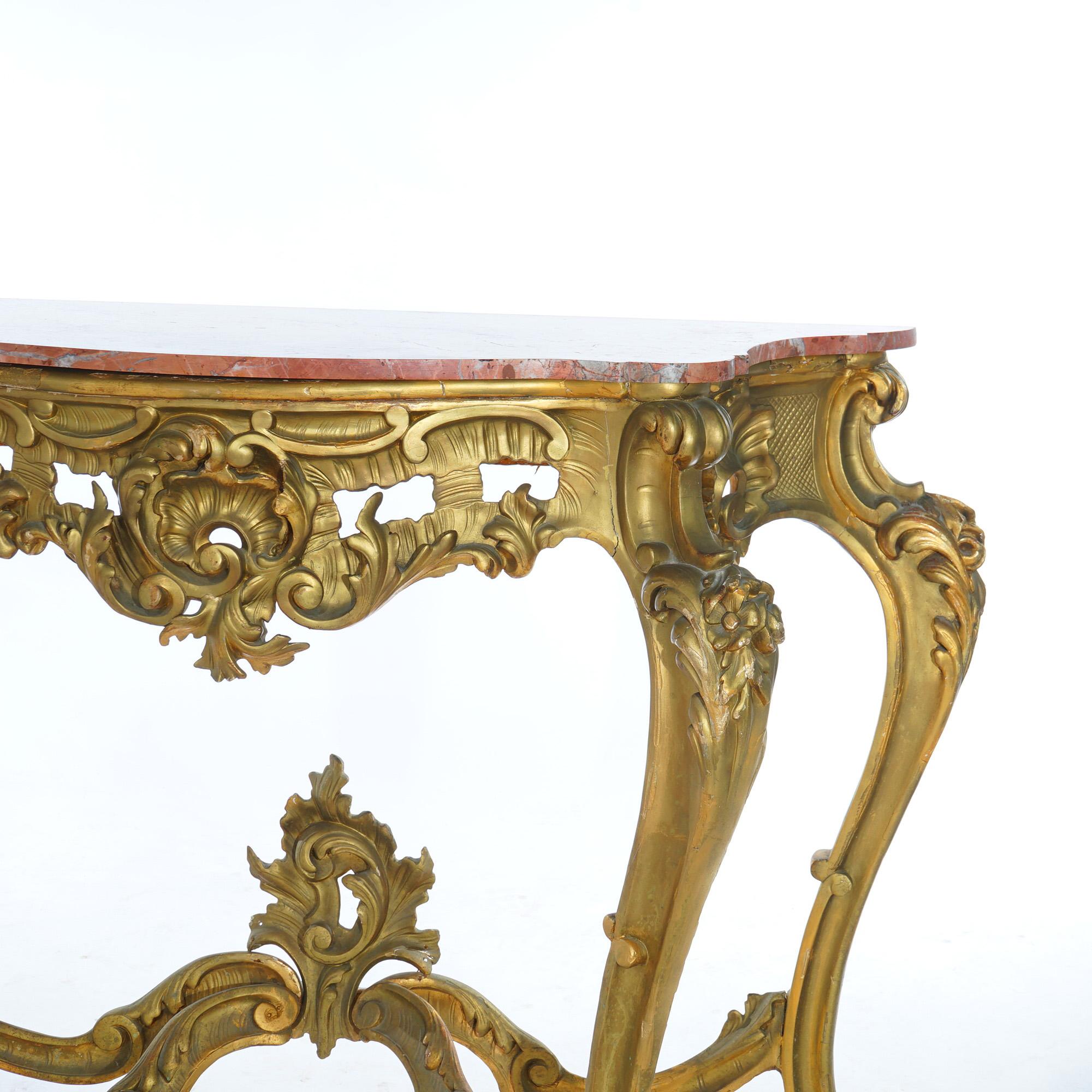 19th Century Antique French Rococo Style Giltwood & Marble Top Console Table C1890 For Sale