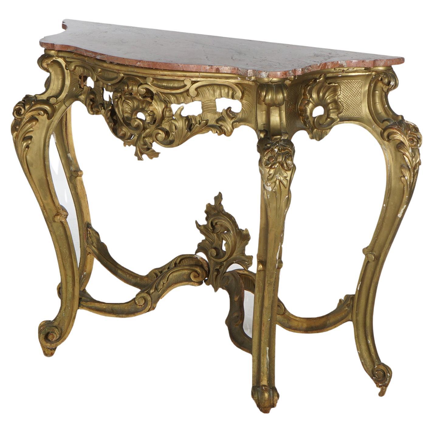 Ancienne table console de style rococo français en bois doré et plateau en marbre, vers 1890