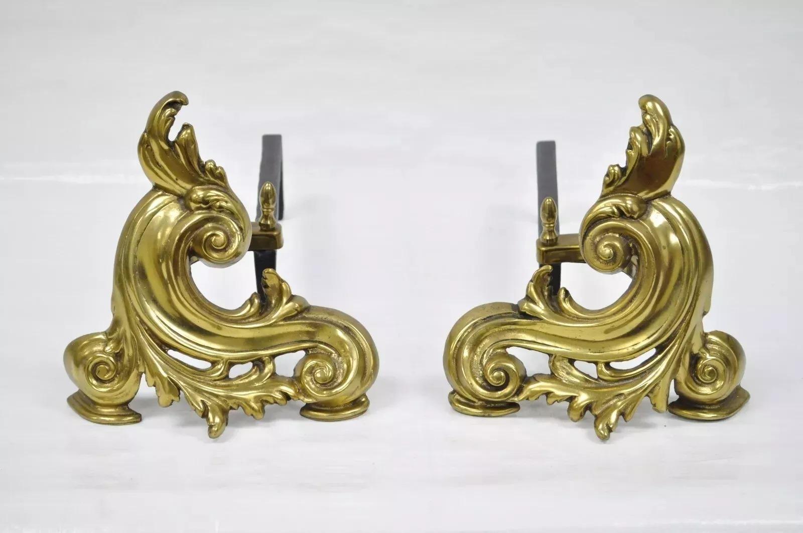 Antique French Rococo Style Small Bronze Acanthus Scroll Chenet Andirons - Pair For Sale 3