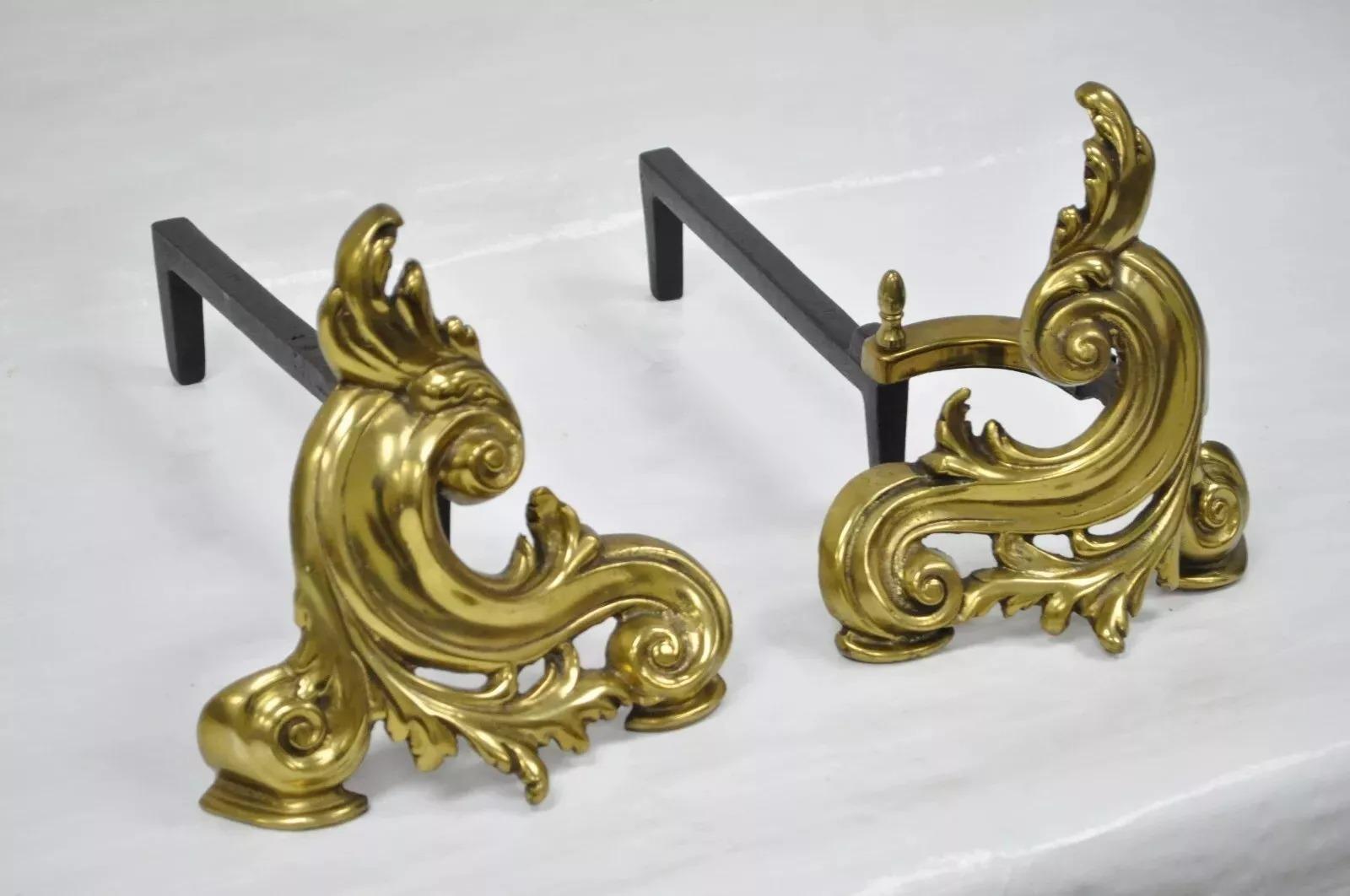 Antique French Rococo Style Small Bronze Acanthus Scroll Chenet Andirons - Pair. Item features c-scroll foliate solid brass forms, brass finials, cast iron rods, marked 