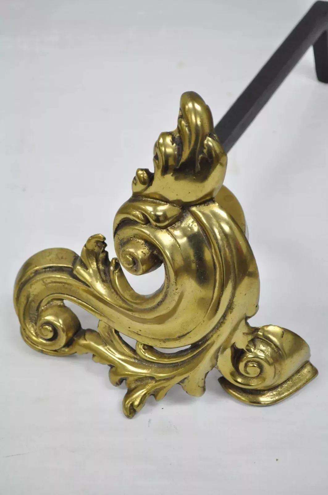 Cast Antique French Rococo Style Small Bronze Acanthus Scroll Chenet Andirons - Pair For Sale