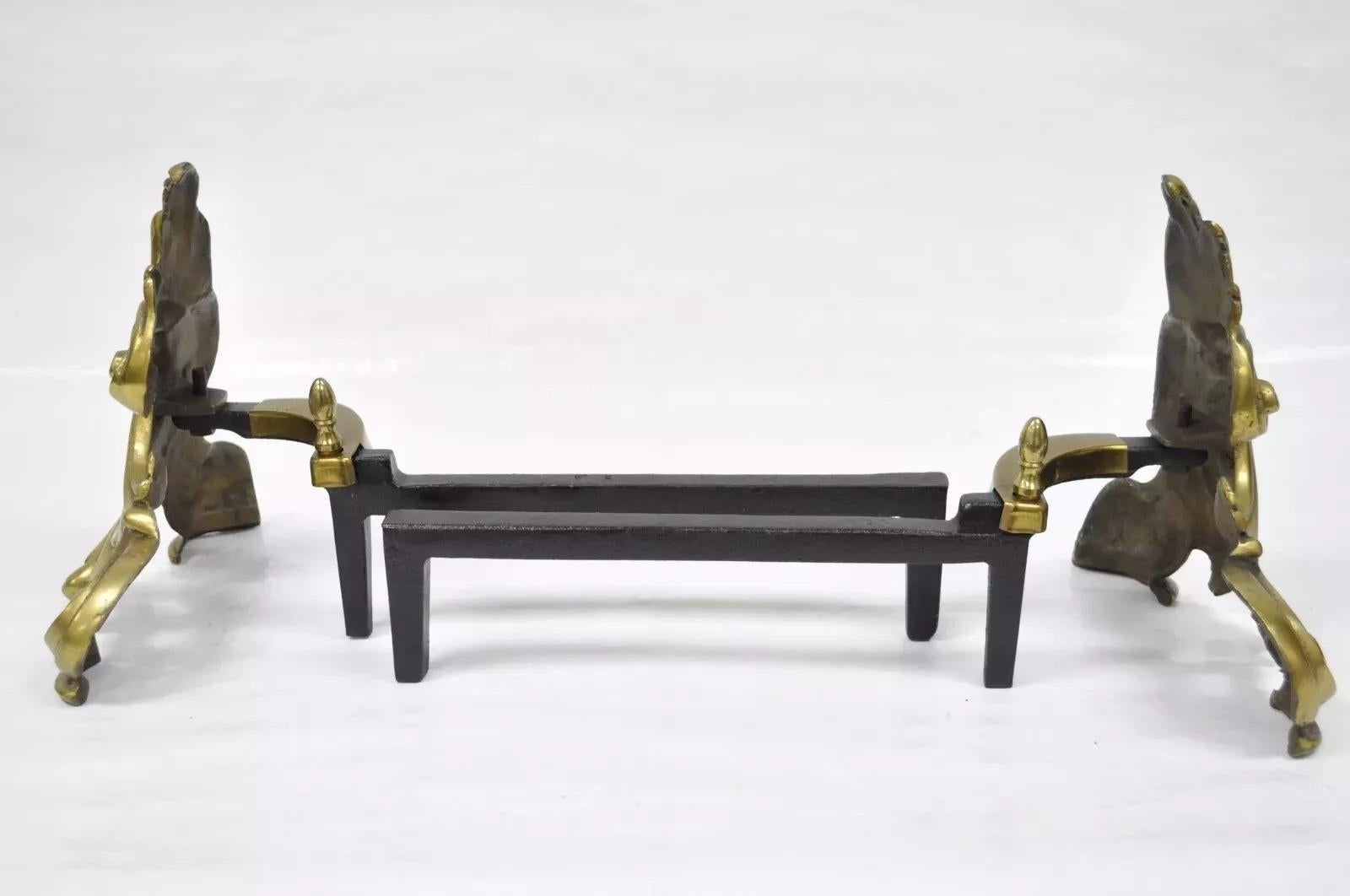 Antique French Rococo Style Small Bronze Acanthus Scroll Chenet Andirons - Pair In Good Condition For Sale In Philadelphia, PA