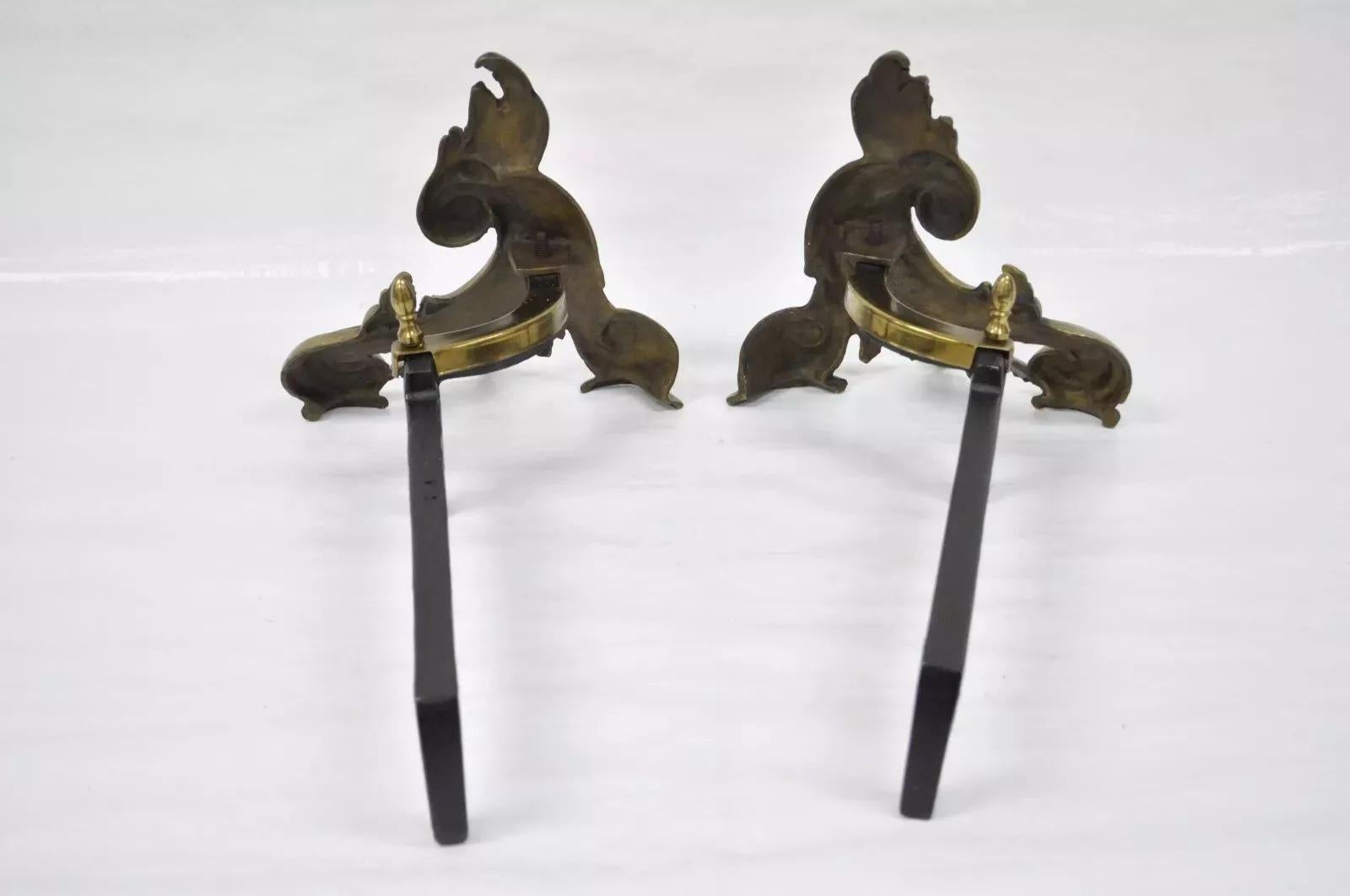 20th Century Antique French Rococo Style Small Bronze Acanthus Scroll Chenet Andirons - Pair For Sale