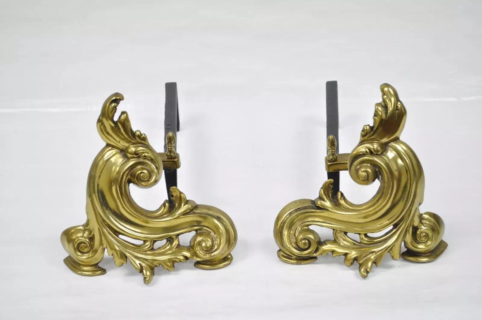 Antique French Rococo Style Small Bronze Acanthus Scroll Chenet Andirons - Pair For Sale 1