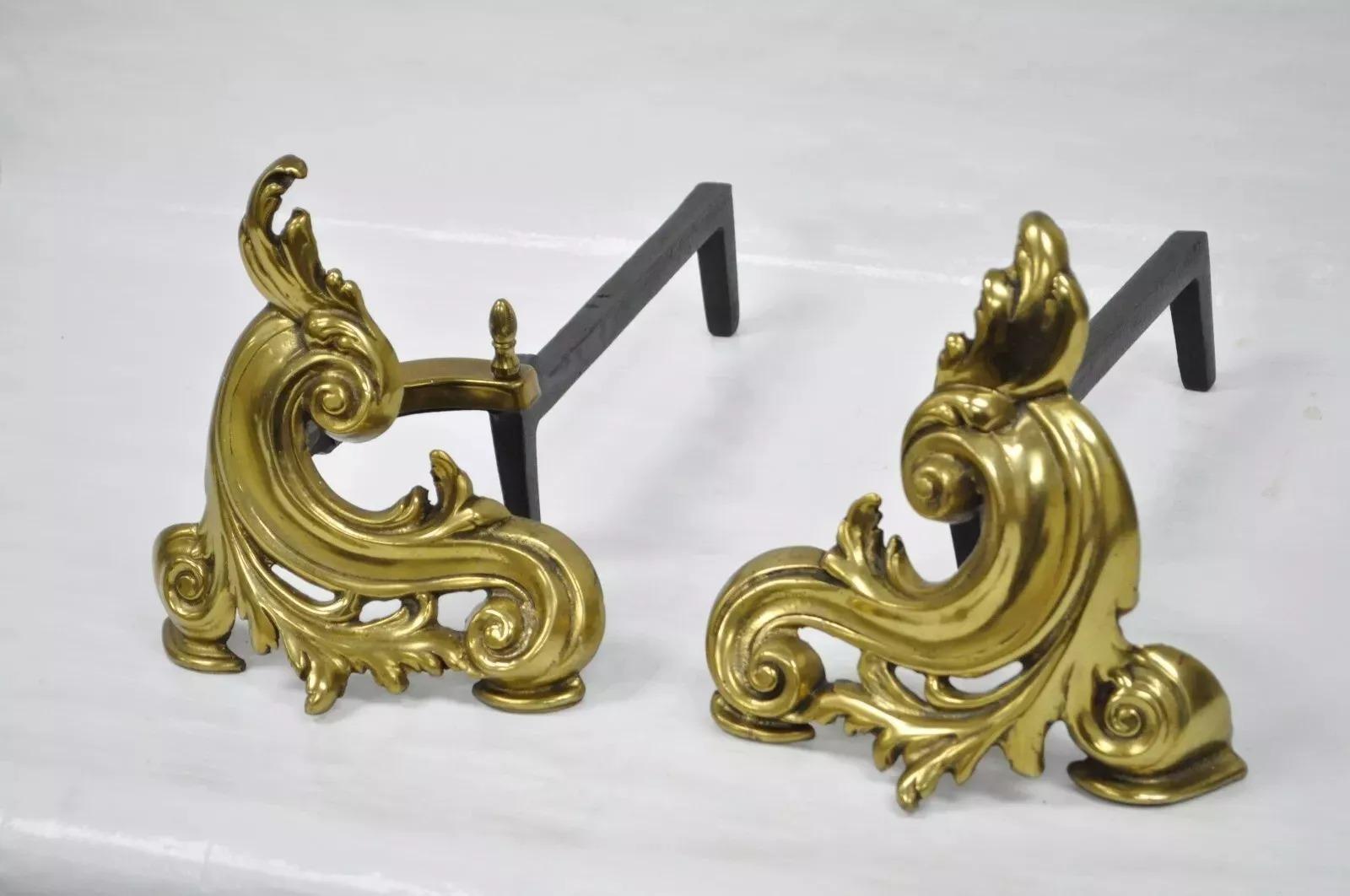 Antique French Rococo Style Small Bronze Acanthus Scroll Chenet Andirons - Pair For Sale 2