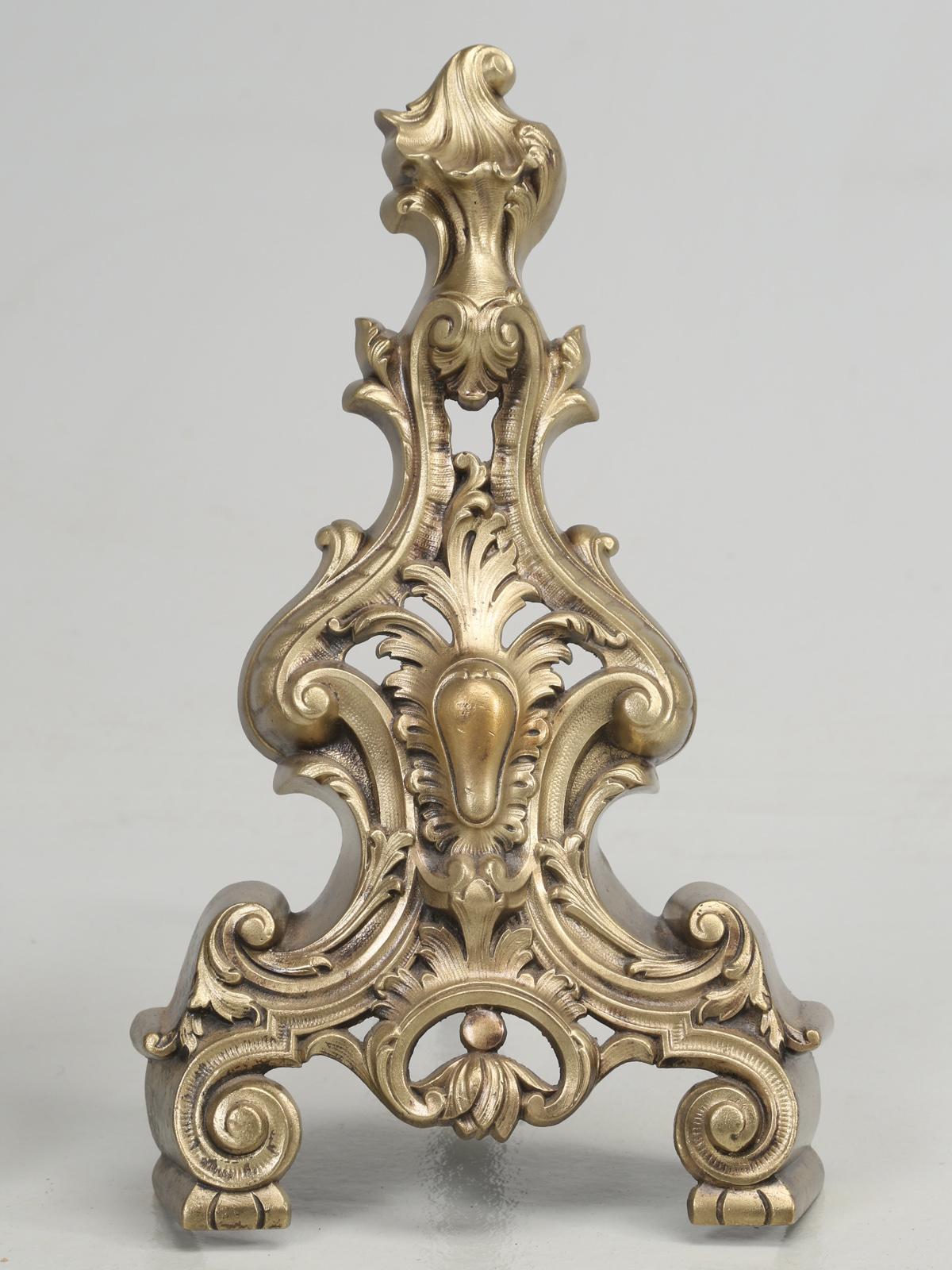 Antique French Rococo Style Solid Bronze Andirons In Good Condition For Sale In Chicago, IL