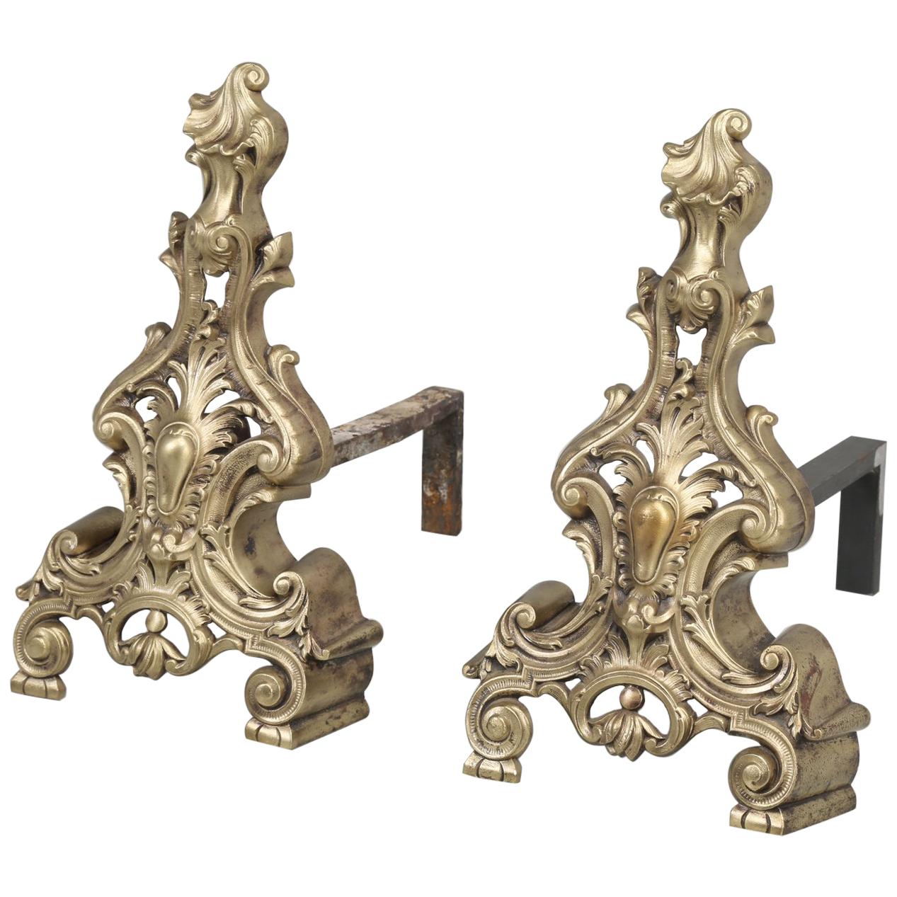 Antique French Rococo Style Solid Bronze Andirons For Sale