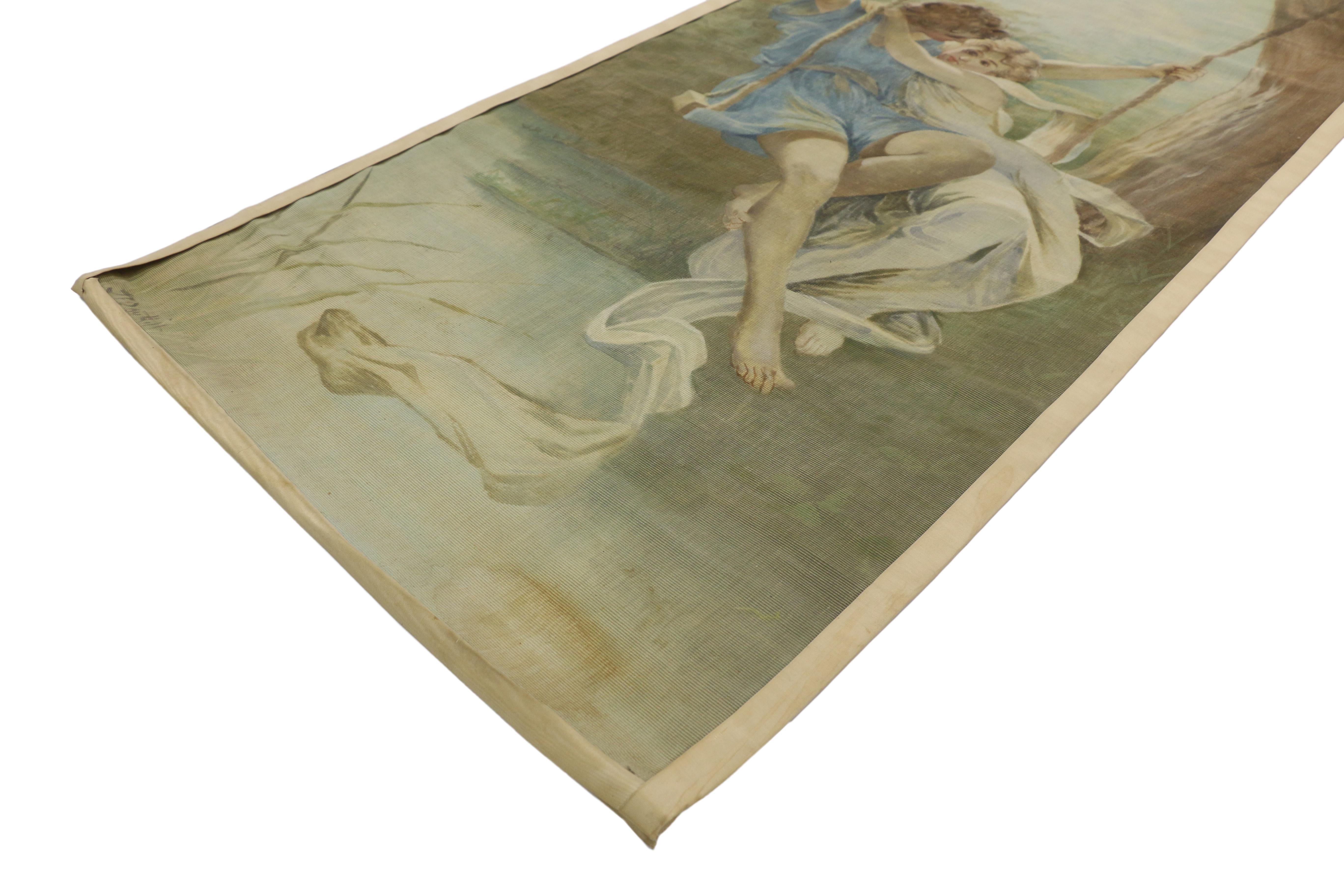 74750 Antique French Rococo Style Tapestry, Le Printemps 'Springtime' inspired by the French artist Pierre-Auguste Cot (1837 - 1883), Neoclassicism Wall Hanging. The original painting is on show at The Metropolitan Museum of Art, New York. Drawing