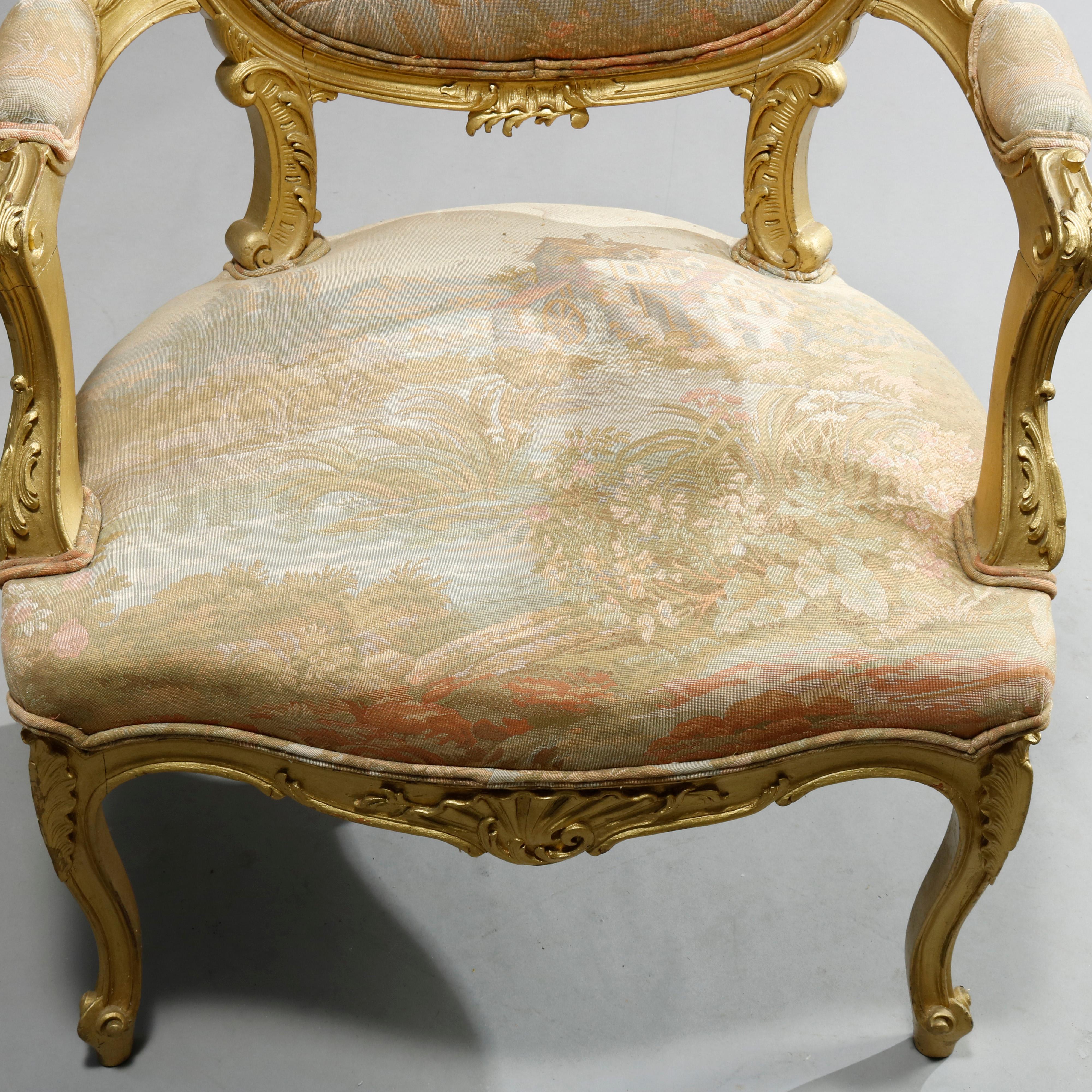 Antique French Rococo Three Piece Giltwood & Tapestry Parlor Set, Circa 1900 In Good Condition In Big Flats, NY