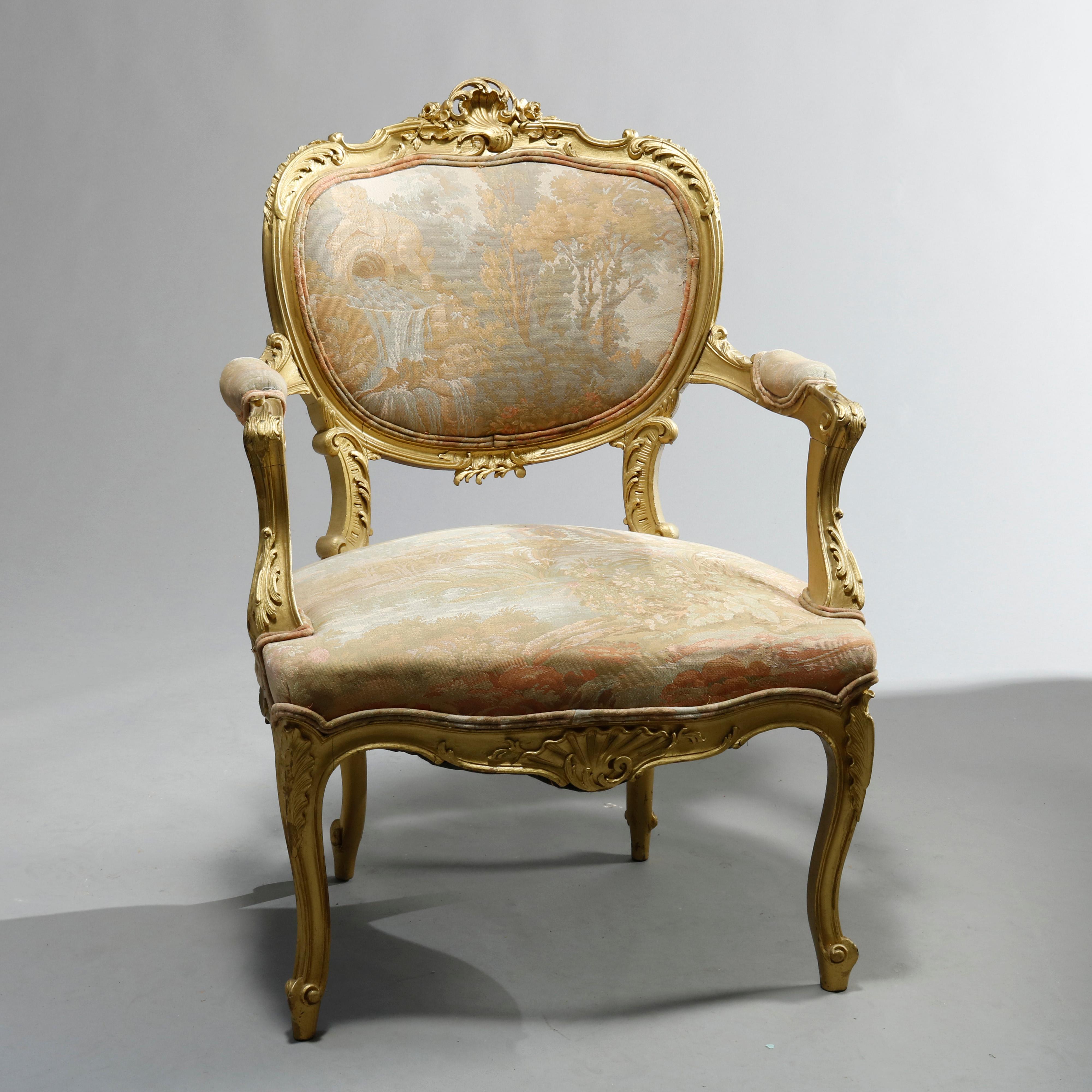 Upholstery Antique French Rococo Three Piece Giltwood & Tapestry Parlor Set, Circa 1900