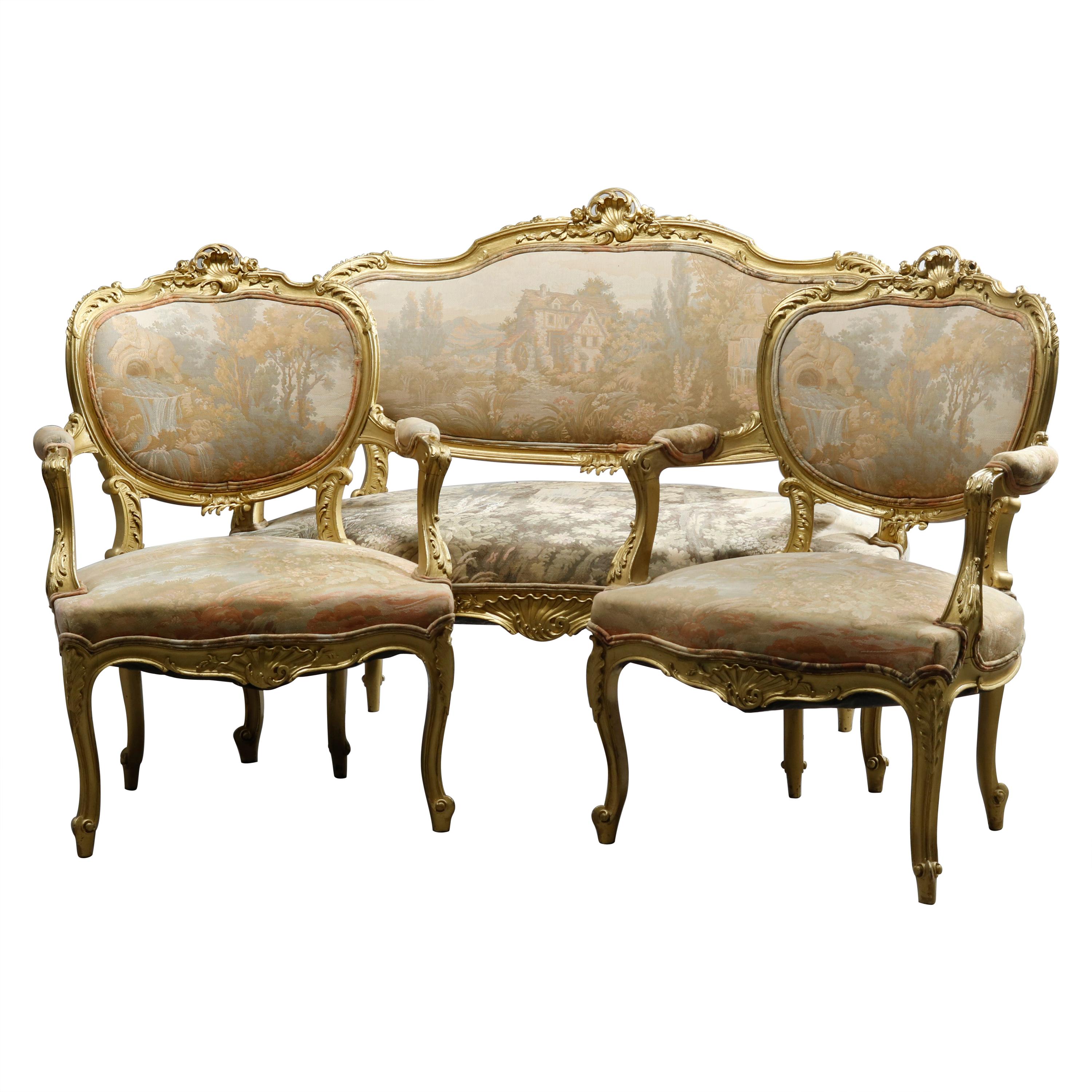 Antique French Rococo Three Piece Giltwood & Tapestry Parlor Set, Circa 1900
