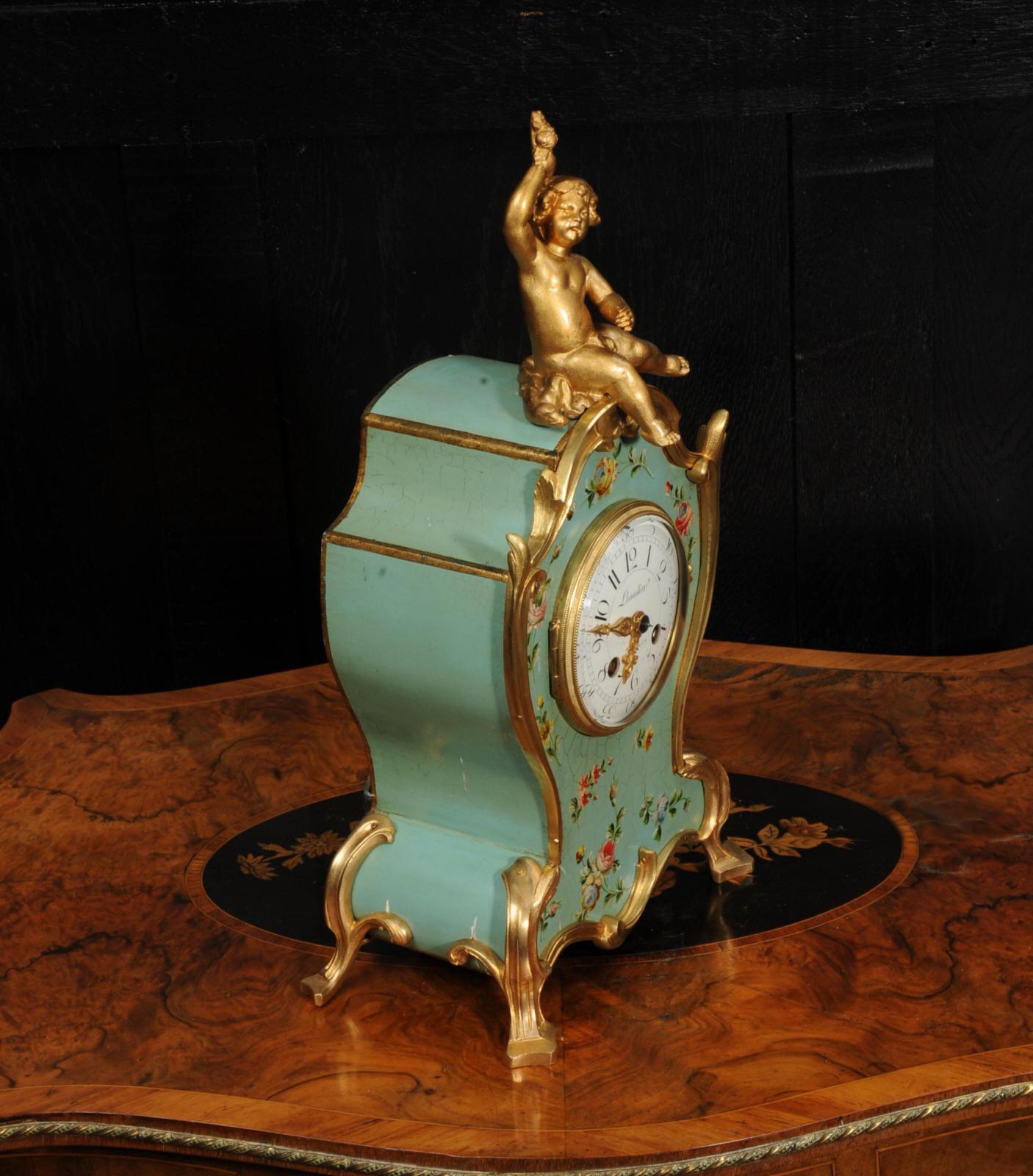 Antique French Rococo Vernis Martin Lacquer Clock by Planchon -  Paris For Sale 7