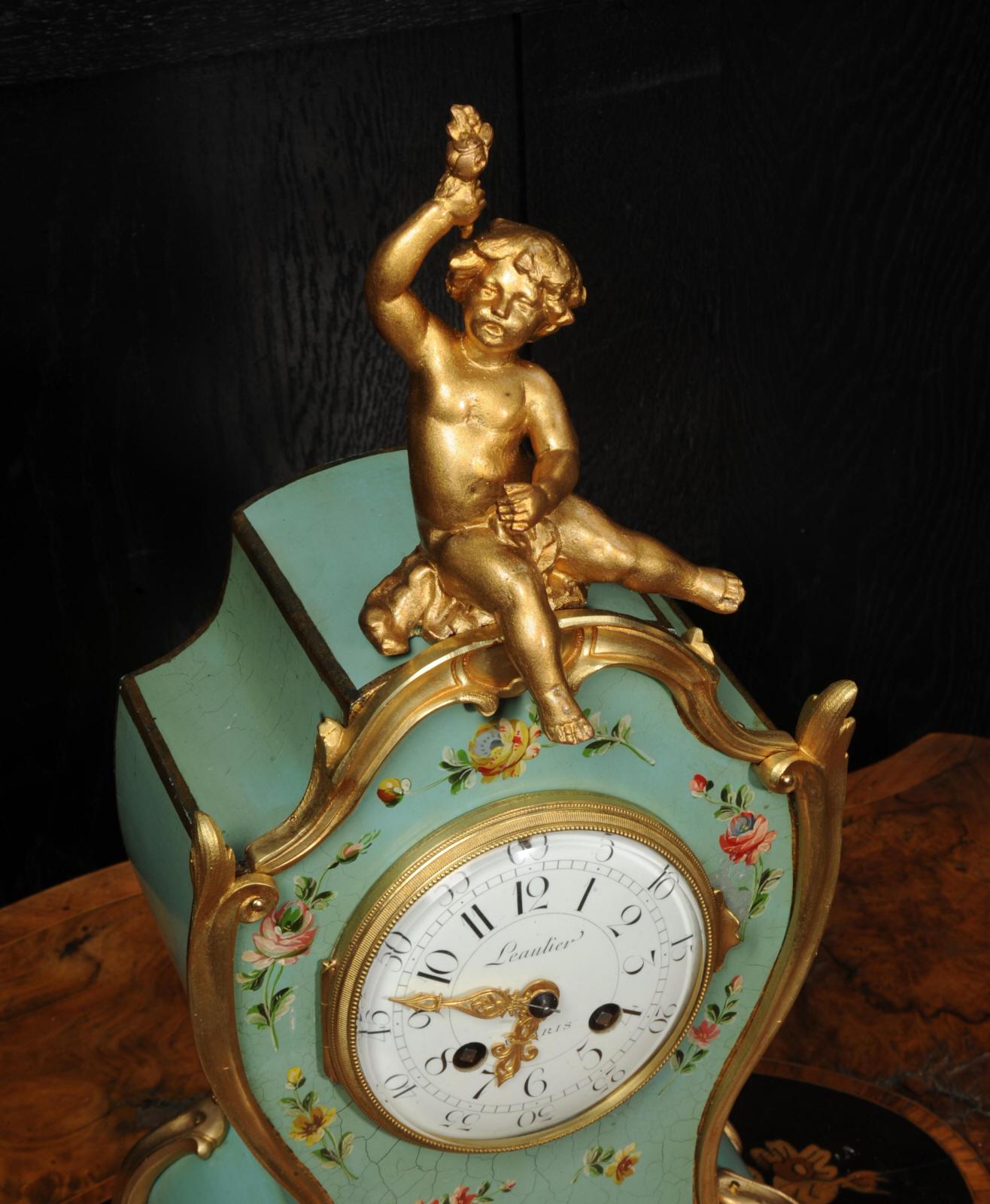 Metal Antique French Rococo Vernis Martin Lacquer Clock by Planchon -  Paris For Sale
