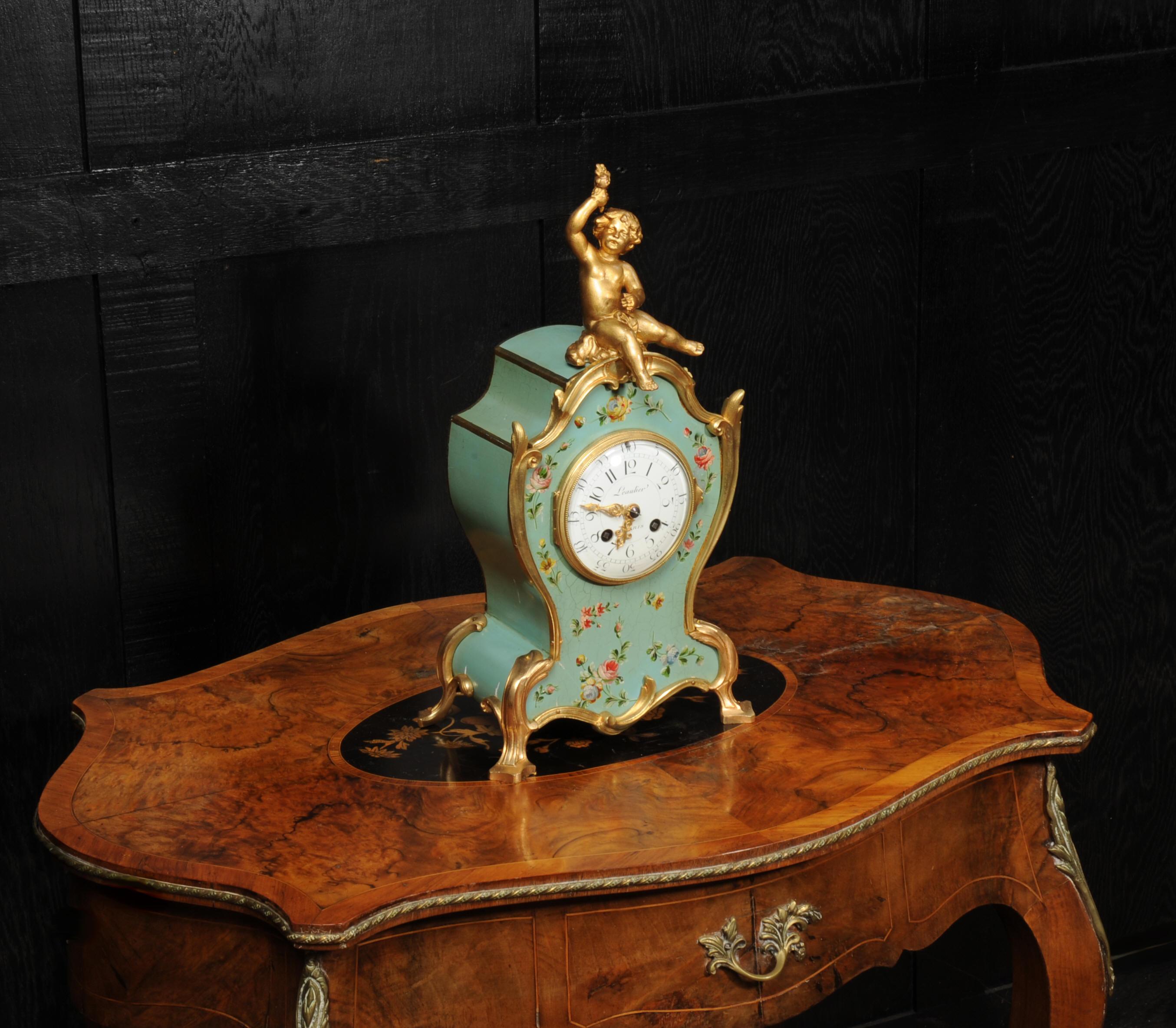 Métal Horloge française ancienne rococo Vernis Martin laquée par Planchon -  Paris en vente