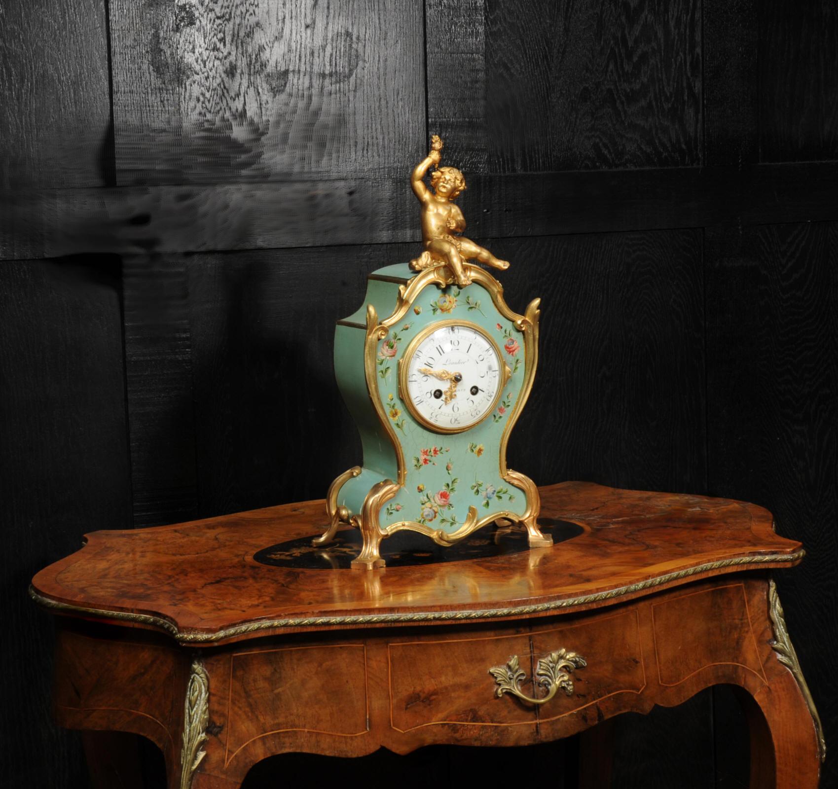 Antique French Rococo Vernis Martin Lacquer Clock by Planchon -  Paris For Sale 3