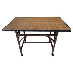 Antique French Root Bamboo & Grasscloth Rectangular Table, C.1890