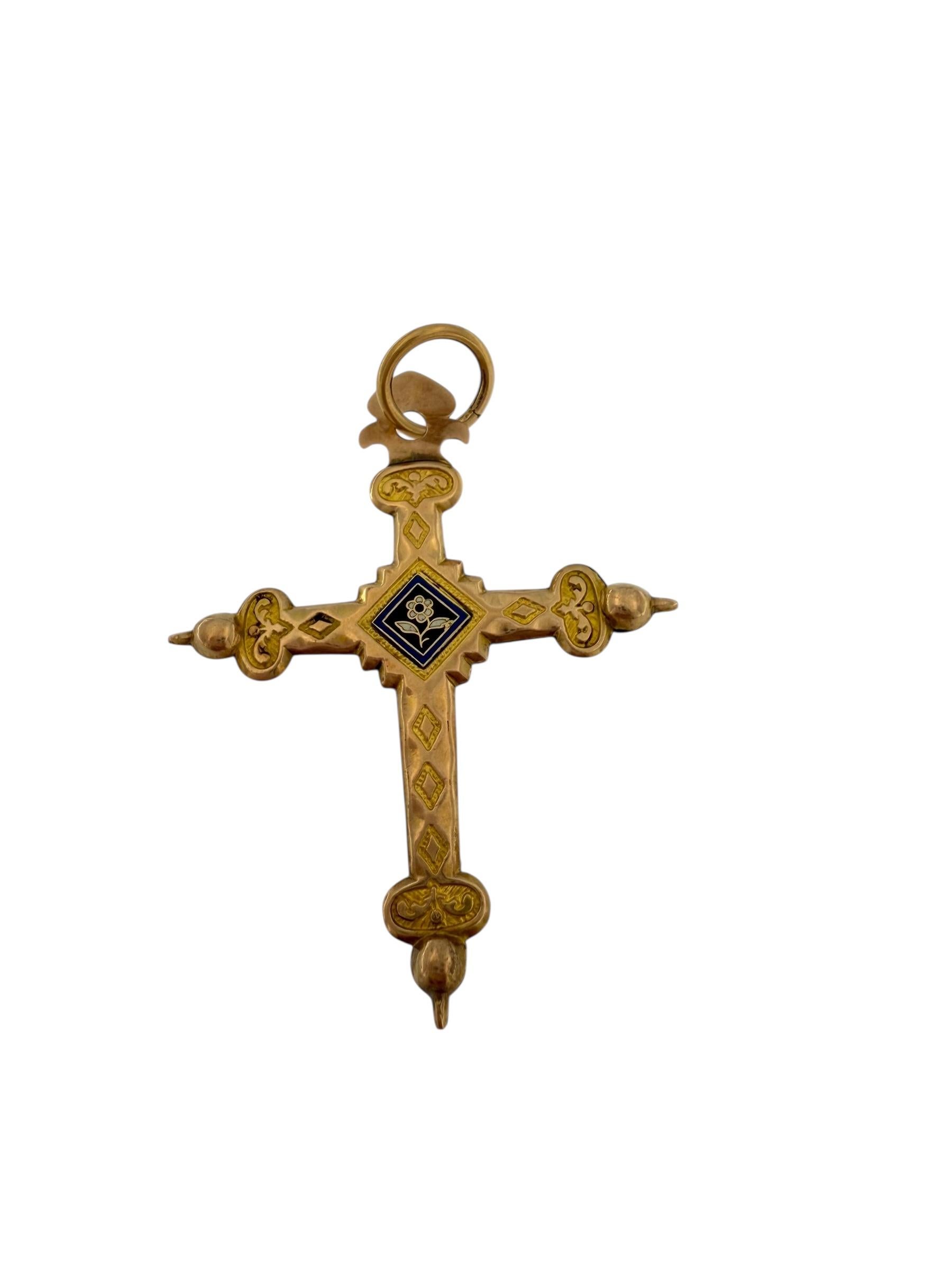 Artigiano Antique French Rosa e Croce in oro giallo con smalto in vendita