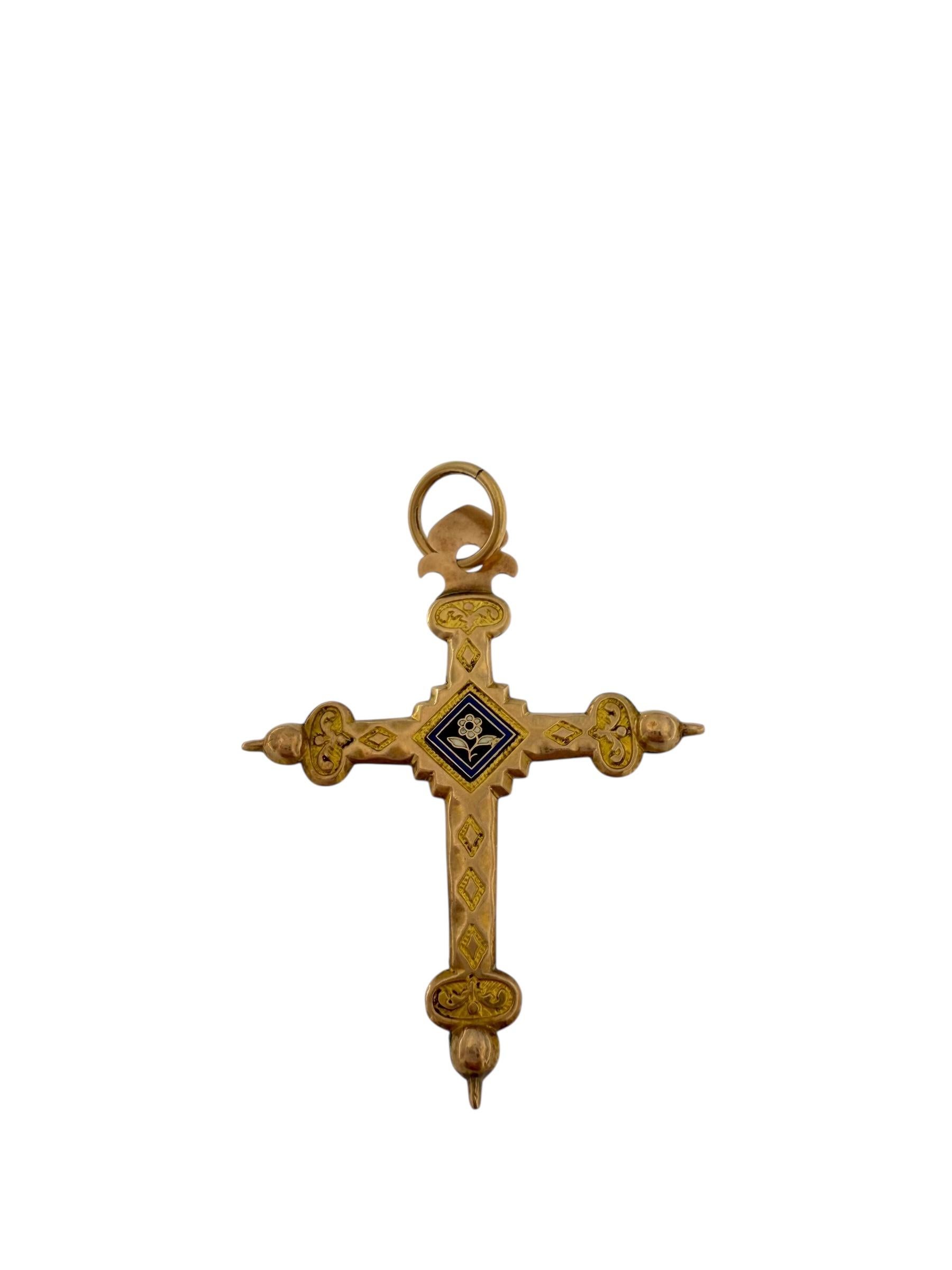 da uomo o donna Antique French Rosa e Croce in oro giallo con smalto in vendita