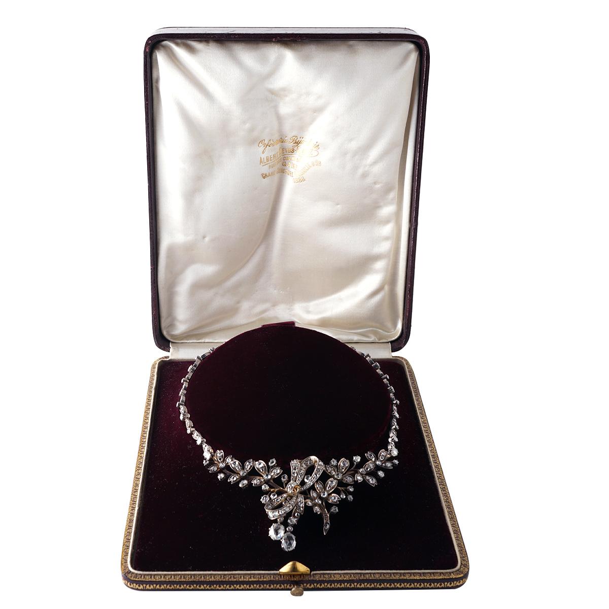 Antike französische Halskette aus 18 Karat Roségold und Silber mit Diamant im Rosenschliff im Angebot 1