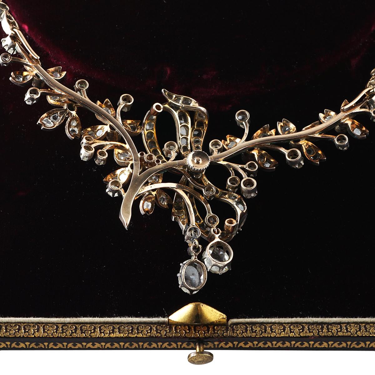 Antike französische Halskette aus 18 Karat Roségold und Silber mit Diamant im Rosenschliff im Angebot 2