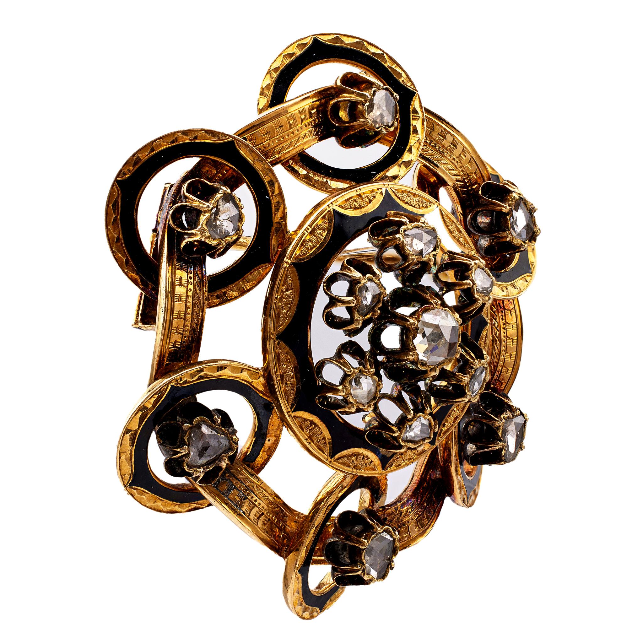 Antike französische Rose Cut Diamond 18k Gelbgold Schwarz Emaille Brosche für Damen oder Herren im Angebot