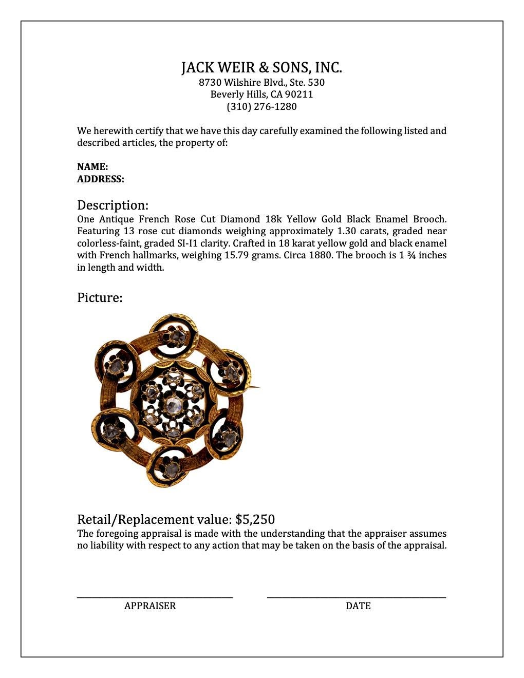 Antike französische Rose Cut Diamond 18k Gelbgold Schwarz Emaille Brosche im Angebot 1