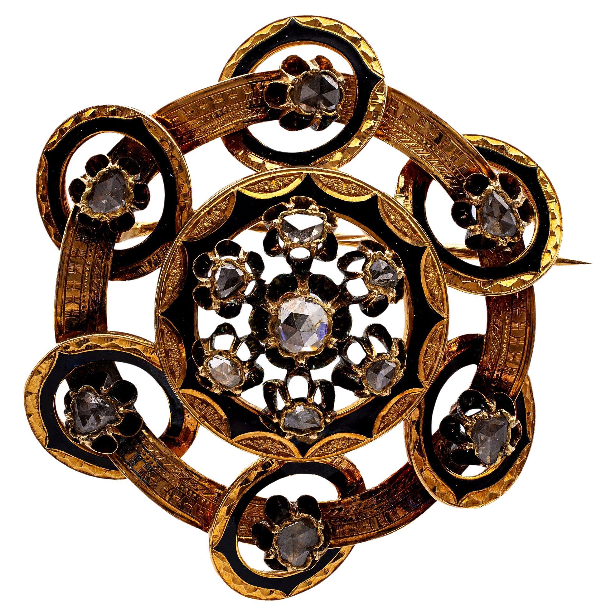 Broche ancienne en or jaune 18k avec diamant taillé en rose et émail noir