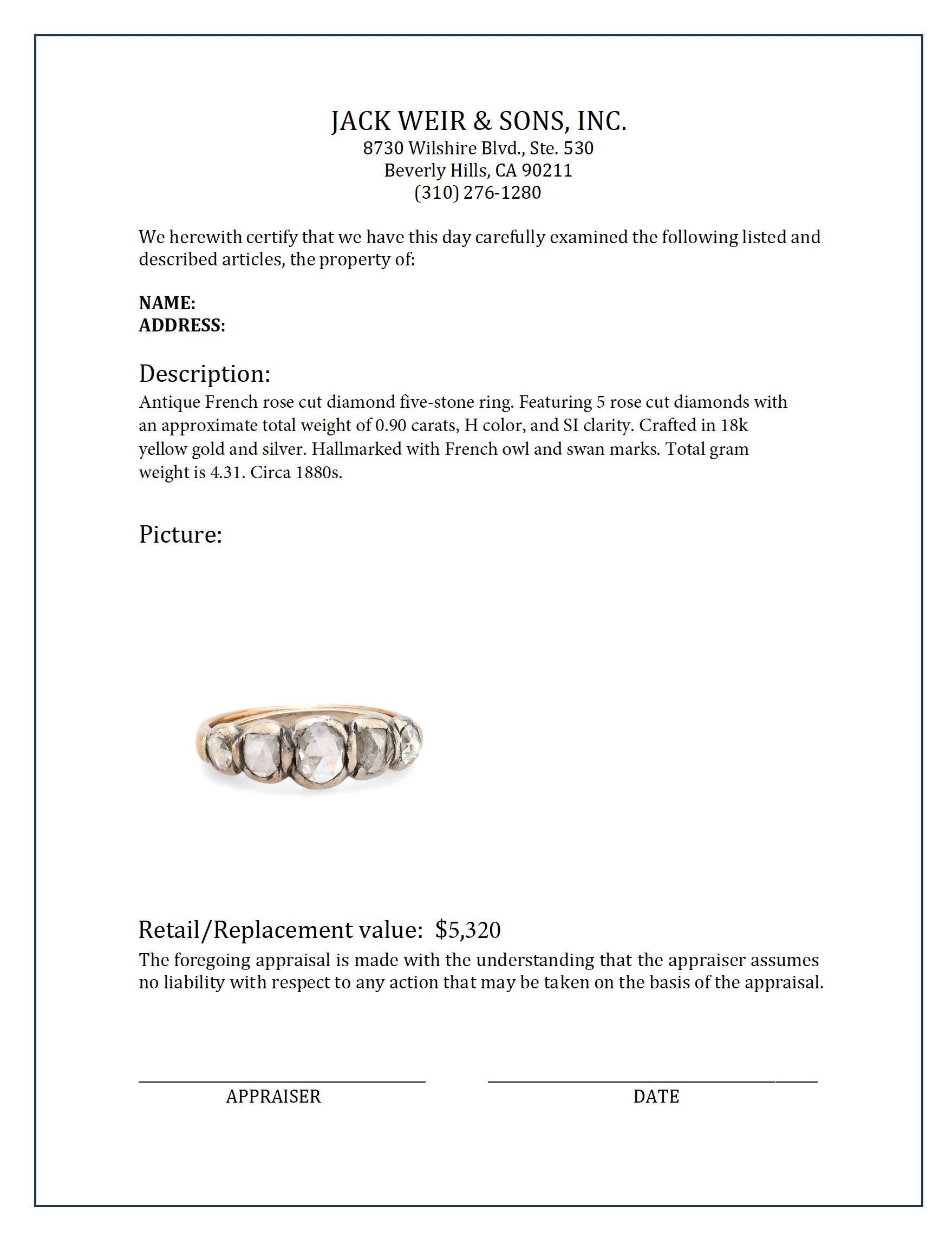 Antiker französischer fünfsteiniger Ring aus 18 Karat Gelbgold und Silber mit Diamanten im Rosenschliff für Damen oder Herren