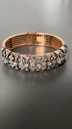 Antique French 18K Rose Gold Rose Cut Diamond Fleur de Lis Bracelet