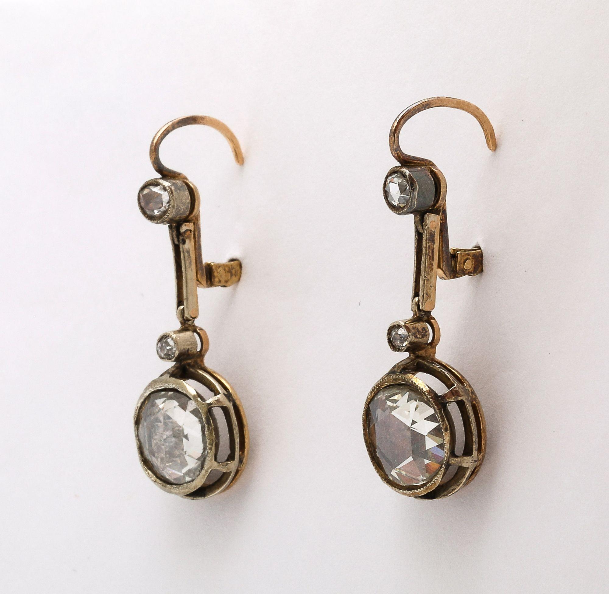 George III Antique French Rose Cut Diamond Gold Dangle Earrings For Sale