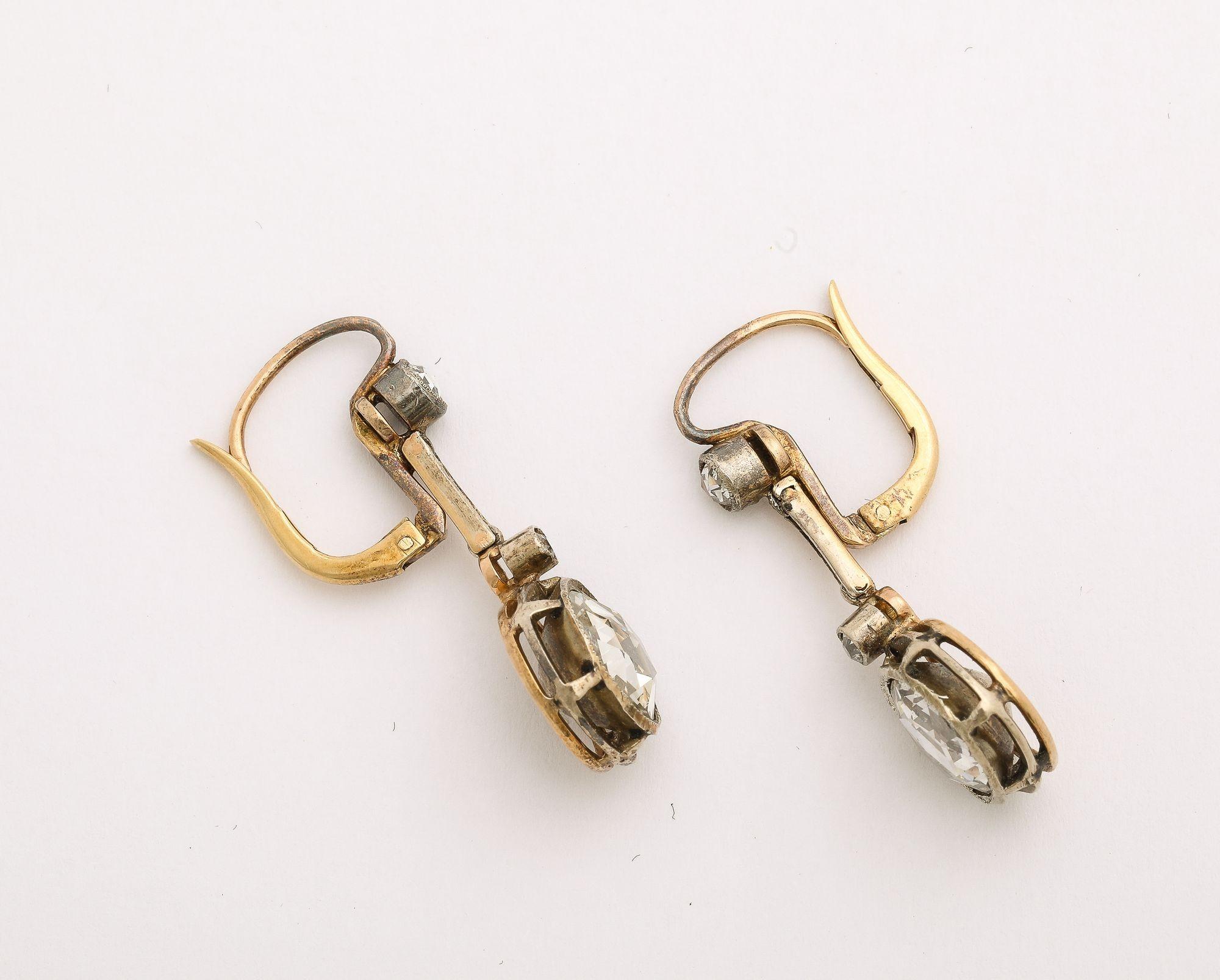 Antique French Rose Cut Diamond Gold Dangle Earrings In Good Condition For Sale In New York, NY