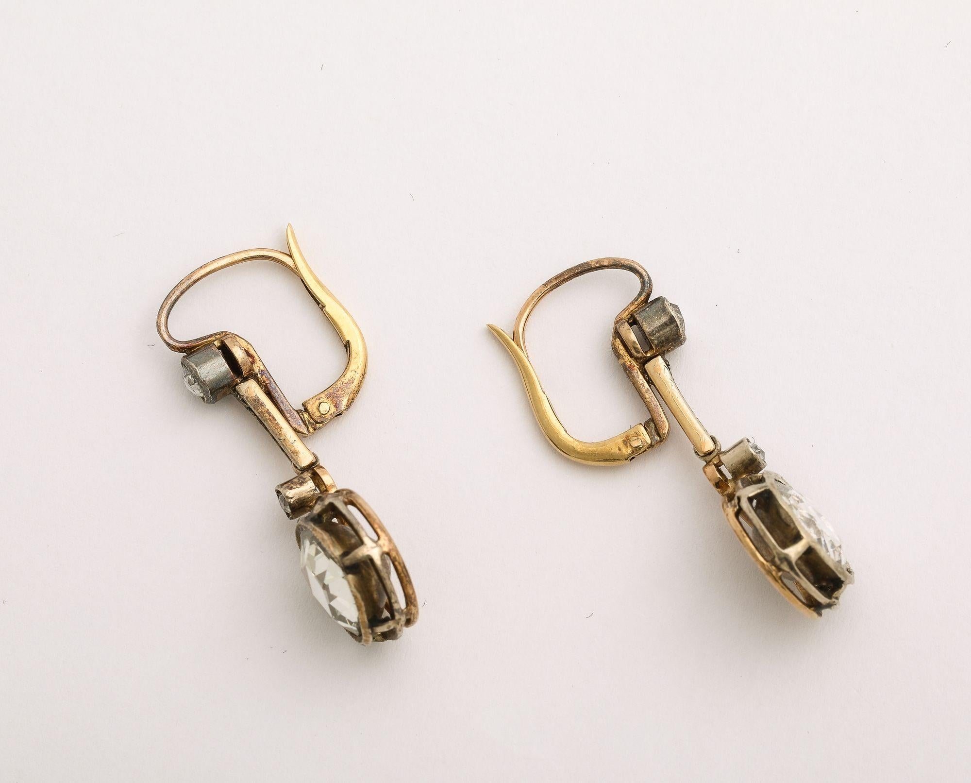 Women's Antique French Rose Cut Diamond Gold Dangle Earrings For Sale