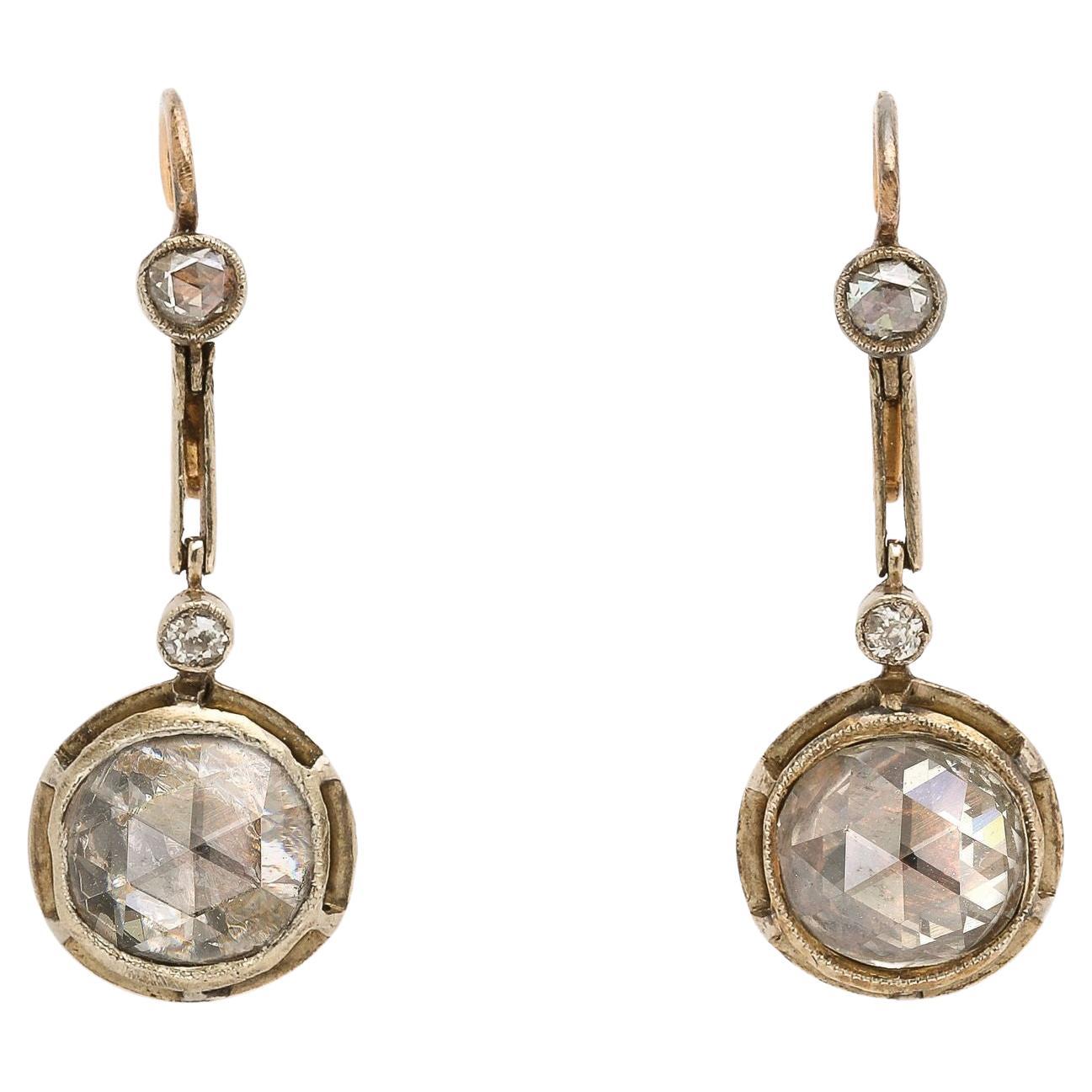 Antique French Rose Cut Diamond Gold Dangle Earrings For Sale