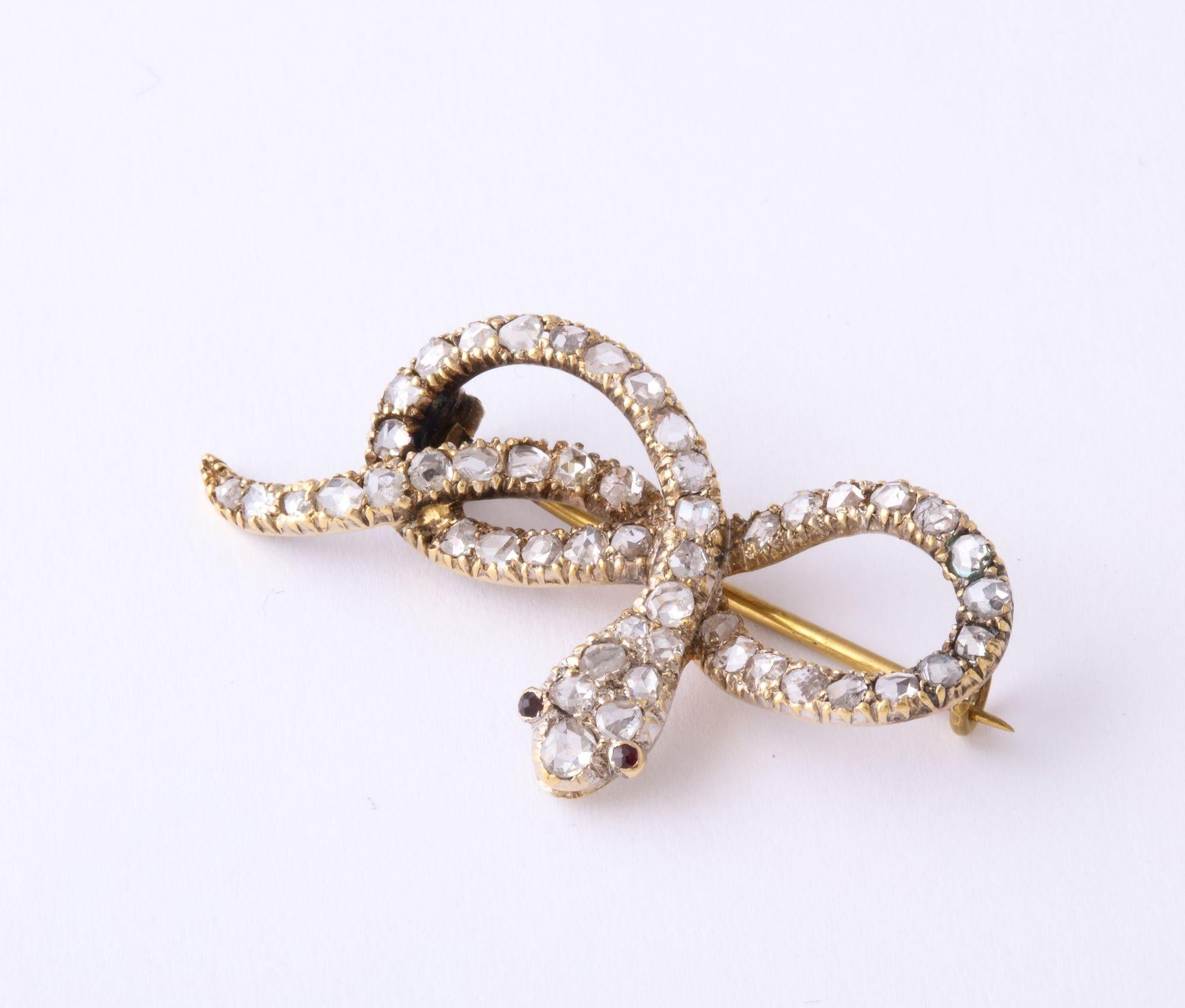 Early Victorian Antique French Rose Diamond 'Infinity' Snake Brooch