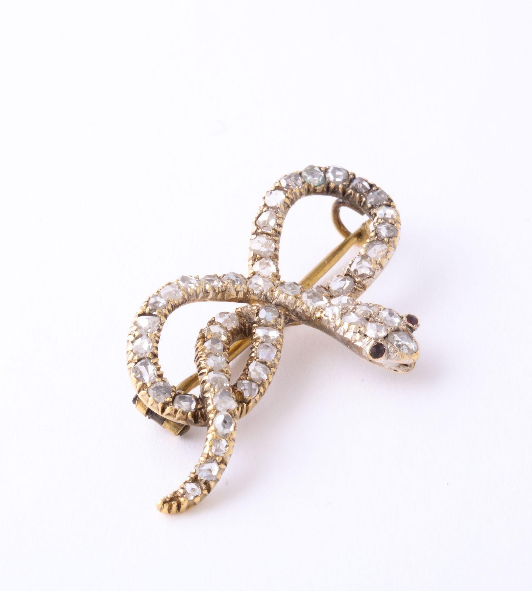 Rose Cut Antique French Rose Diamond 'Infinity' Snake Brooch