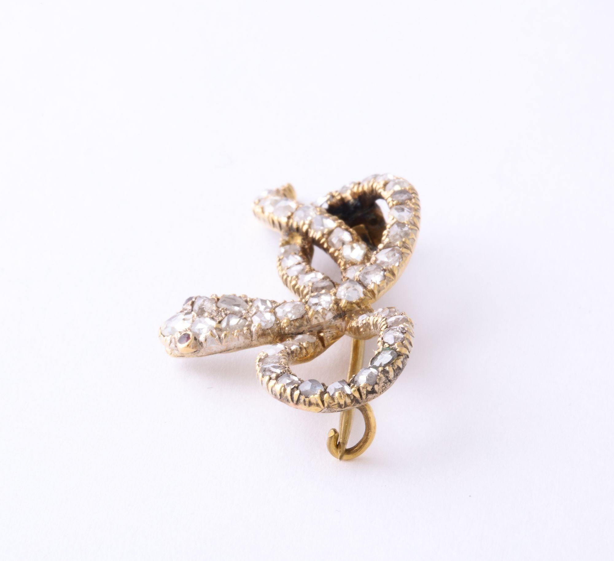 Women's or Men's Antique French Rose Diamond 'Infinity' Snake Brooch