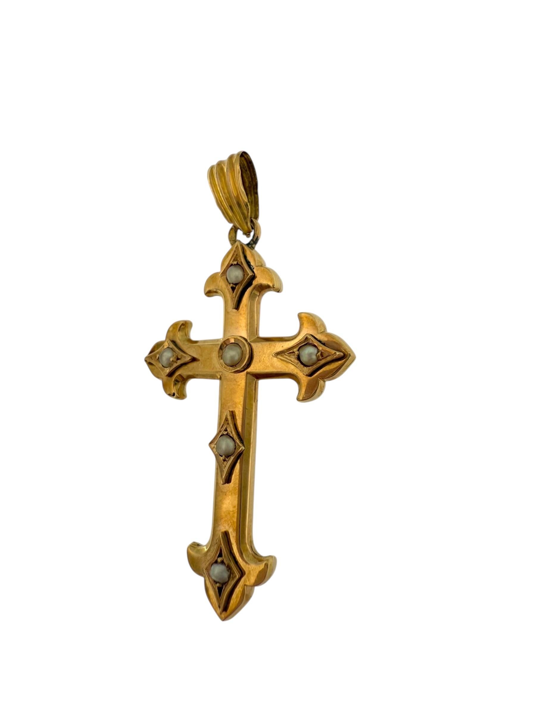 Antikes französisches Roségold Kreuz Fleur de Lys und Perlen (Kunsthandwerker*in) im Angebot