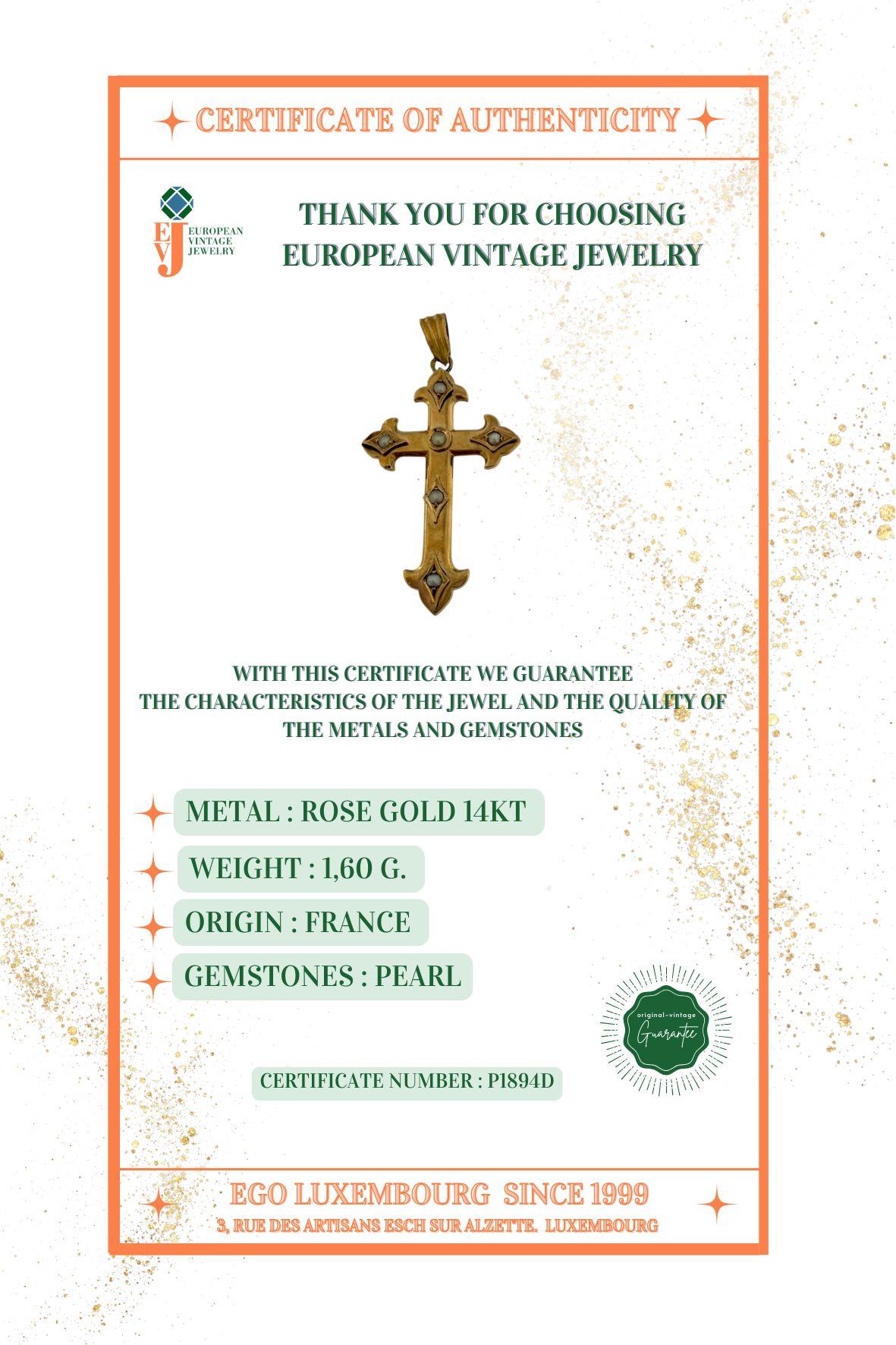 Antikes französisches Roségold Kreuz Fleur de Lys und Perlen im Angebot 2