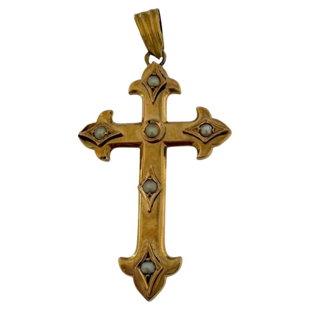 Antique French Cruz de Oro Rosa Flor de Lis y Perlas