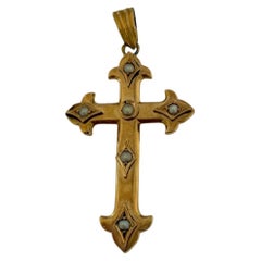 Antique French Rose Gold Cross Fleur de Lys and Pearls