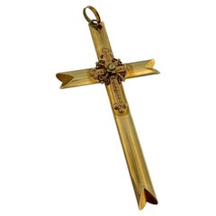 Antique French Rose Gold Cross with Filigree and Pearl