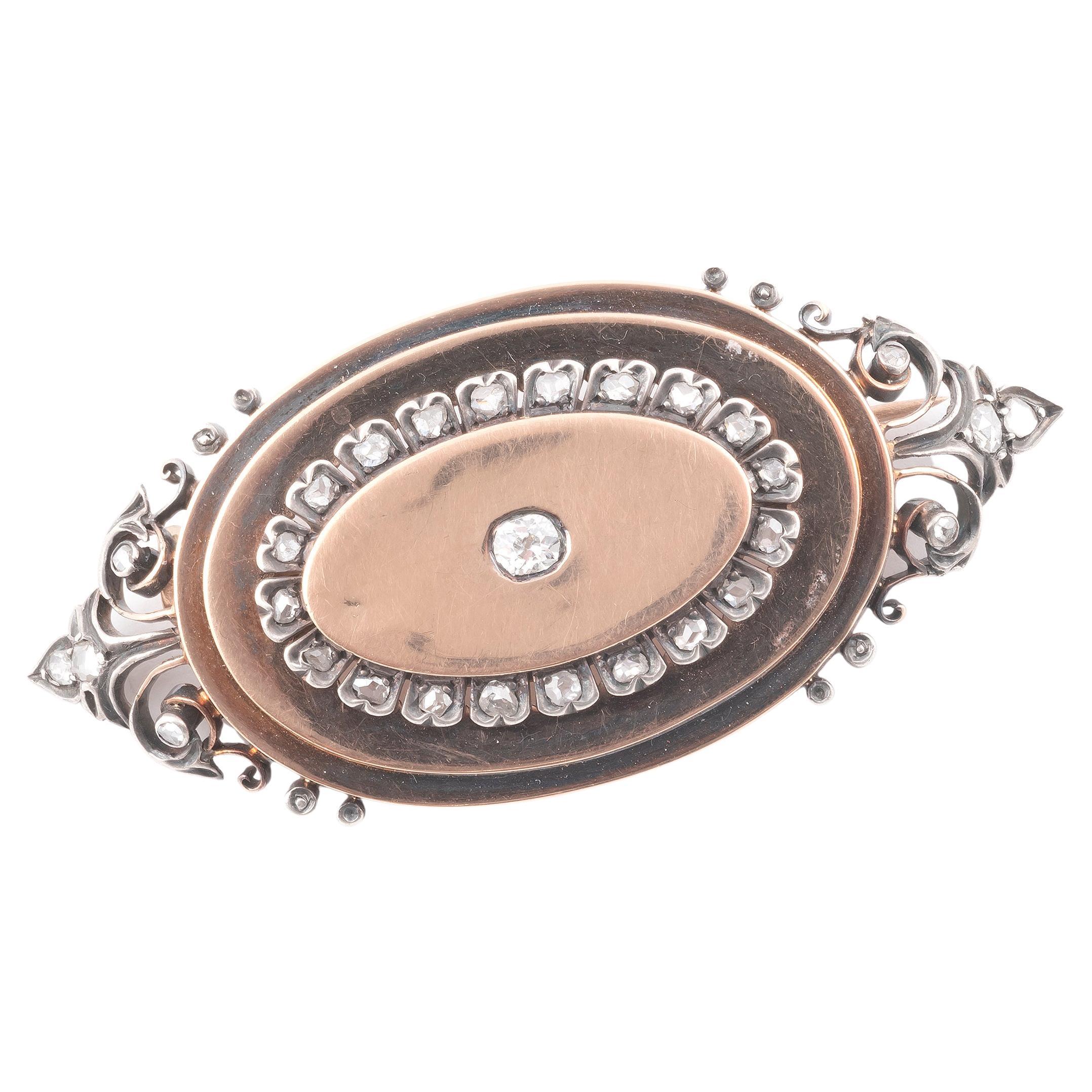 Broche française ancienne en or rose, argent et diamants taille Ol