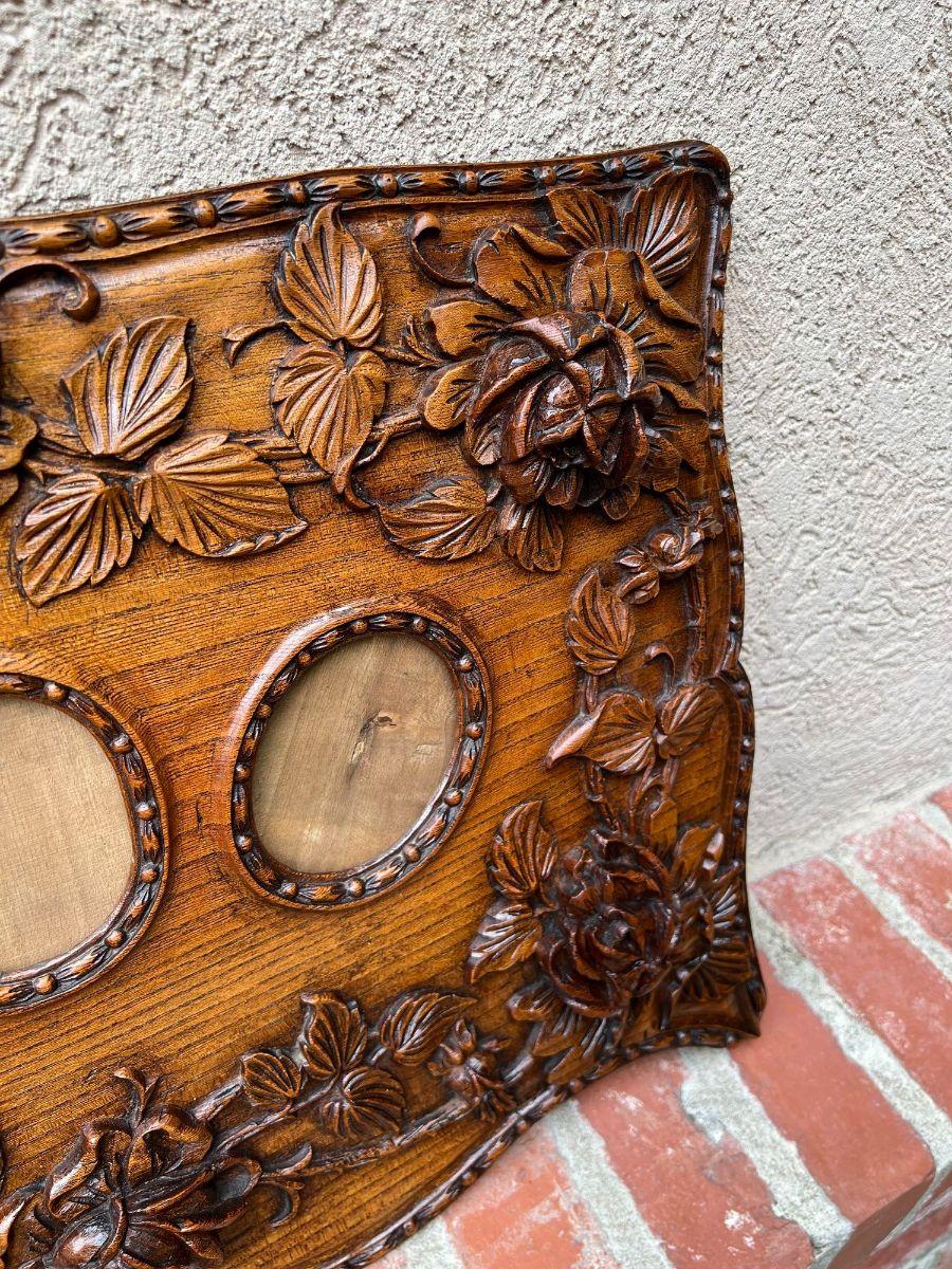 Antique French Rose Triple Oval Picture Frame Carved Oak Black Forest, c1890 9
